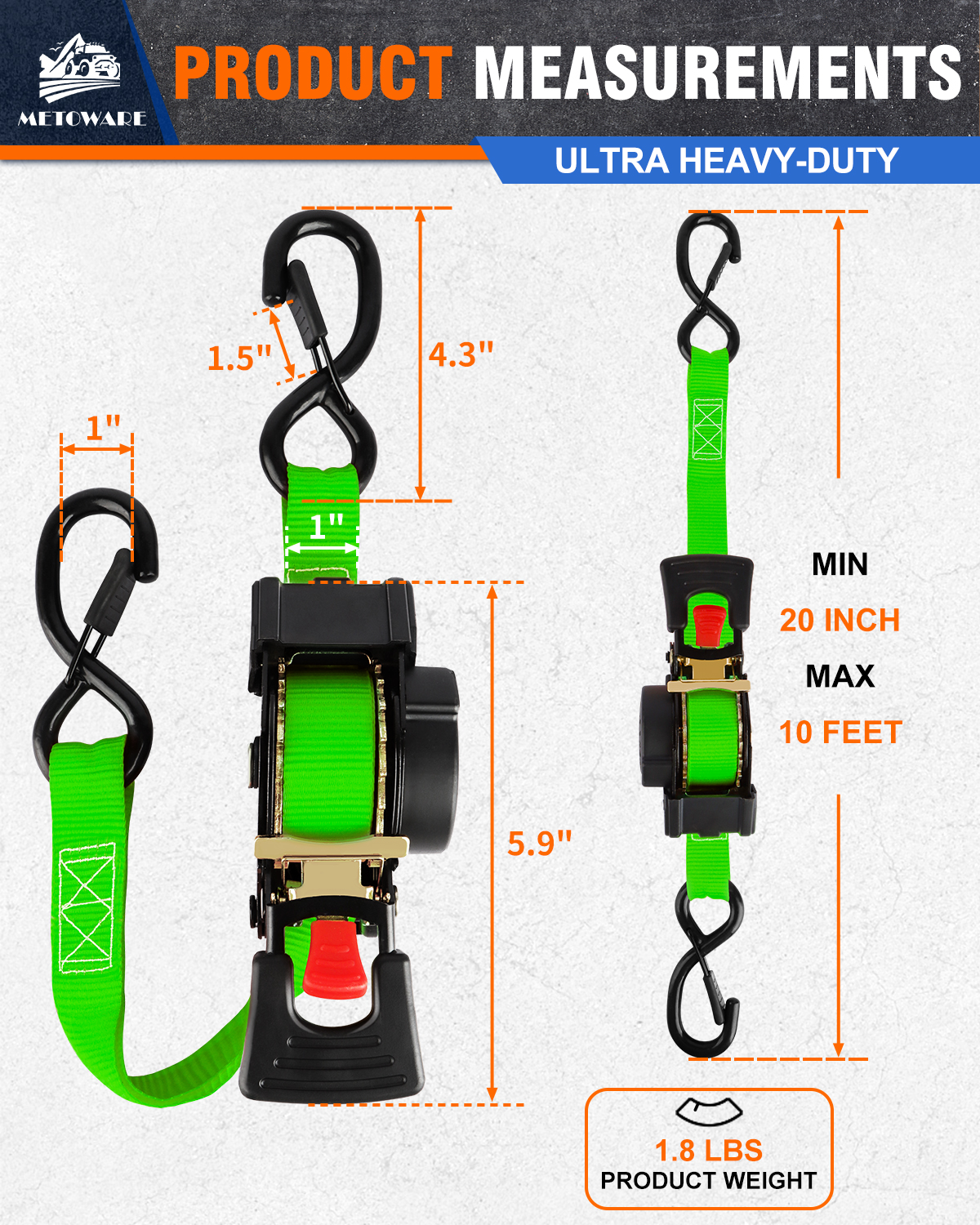 METOWARE Retractable Ratchet Straps (4-Pack) - 1 in x 10 Ft, Green - Image 2