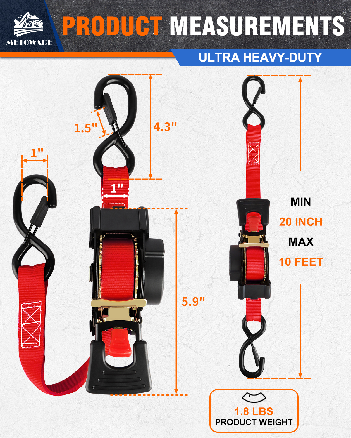 METOWARE Retractable Ratchet Straps (4-Pack) - 1 in x 10 Ft, Red - Image 2