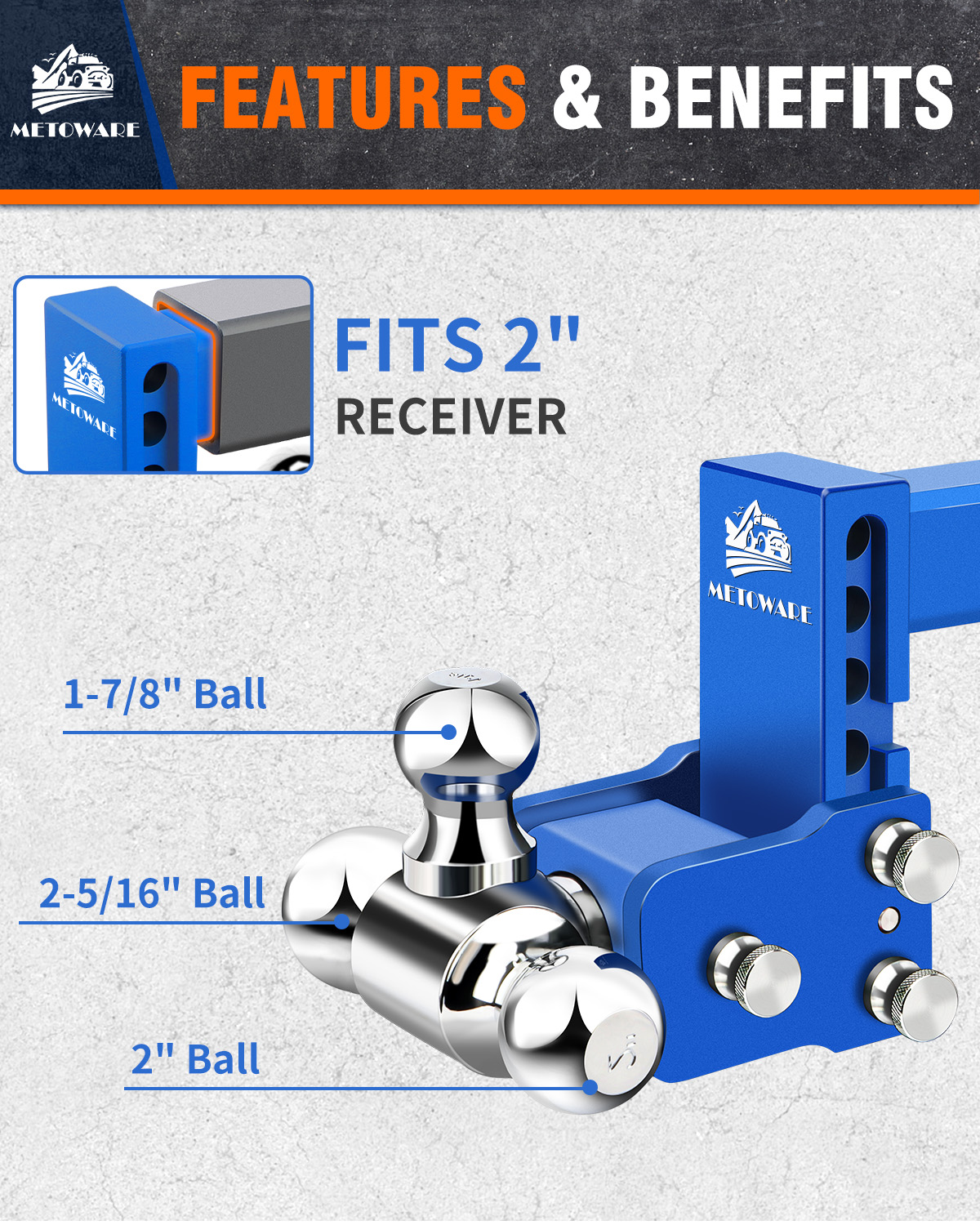 METOWARE Adjustable Trailer Hitch Fits 2" Receiver Tri-Ball, 4" Drop, 14K GTW, Blue - Image 5
