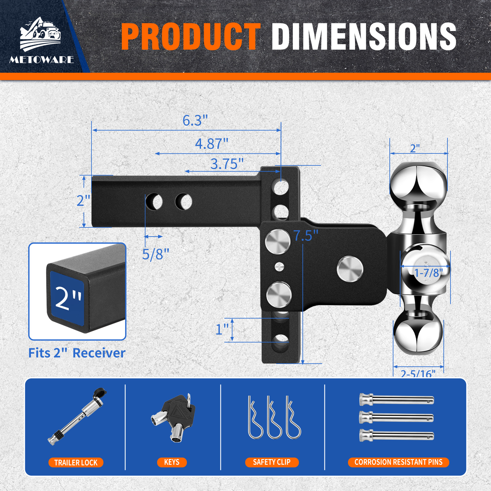 METOWARE Adjustable Trailer Hitch Fits 2" Receiver Tri-Ball, 4" Drop, 14K GTW - Image 6