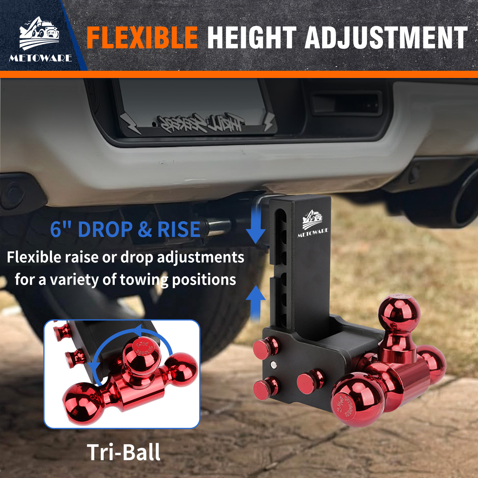 METOWARE Adjustable Trailer Hitch Fits 2" Receiver Tri-Ball (Red), 6" Drop, 14K GTW - Image 4