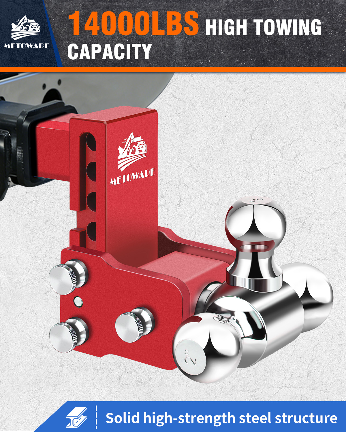METOWARE Adjustable Trailer Hitch Fits 2" Receiver Tri-Ball, 4" Drop, 14K GTW, Red - Image 4