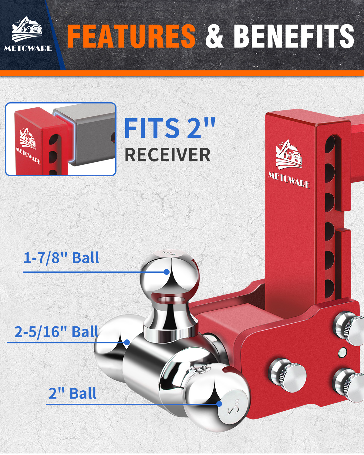 METOWARE Adjustable Trailer Hitch Fits 2" Receiver Tri-Ball, 6" Drop, 14K GTW, Red - Image 5