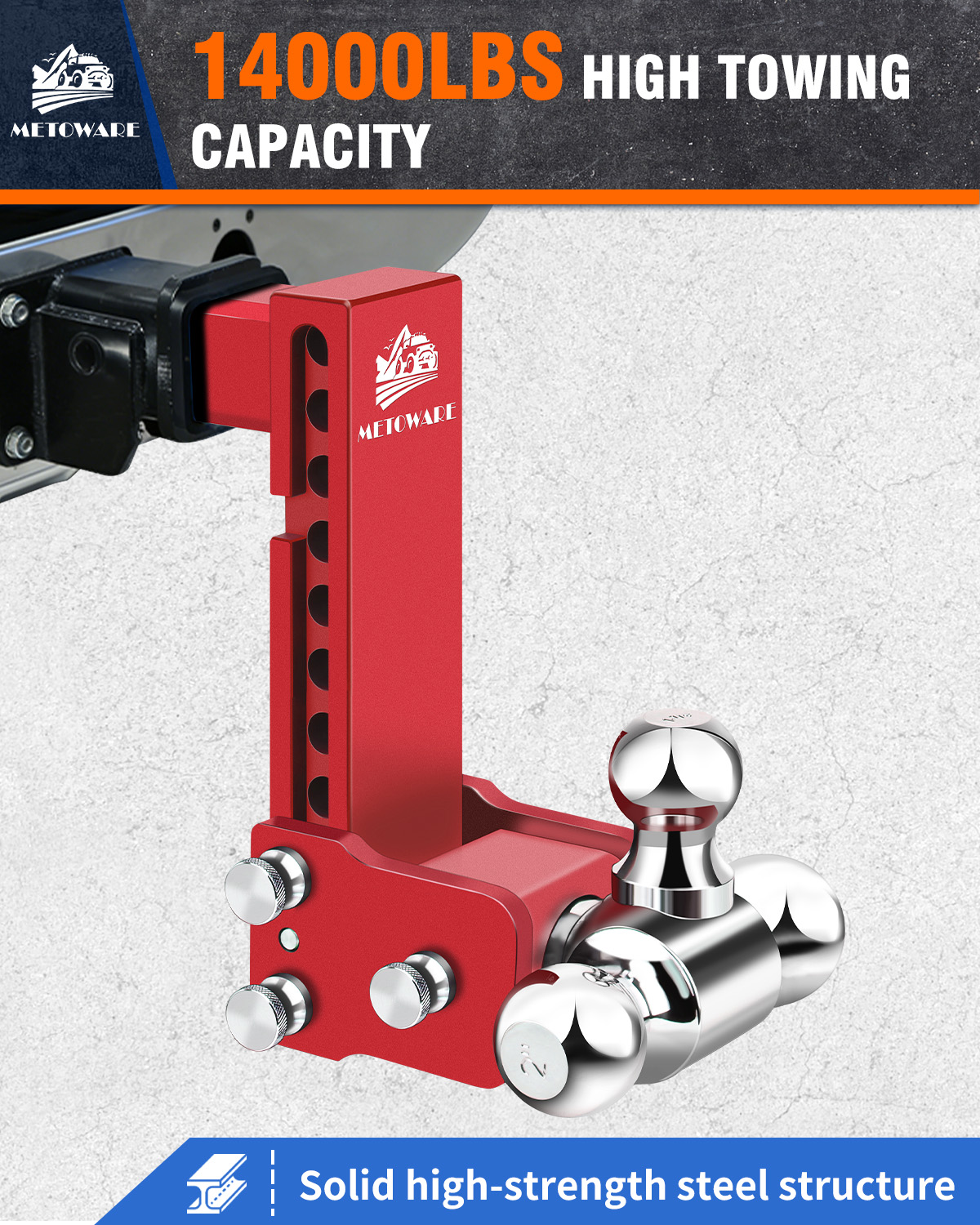 METOWARE Adjustable Trailer Hitch Fits 2" Receiver Tri-Ball, 8" Drop, 14K GTW, Red - Image 2