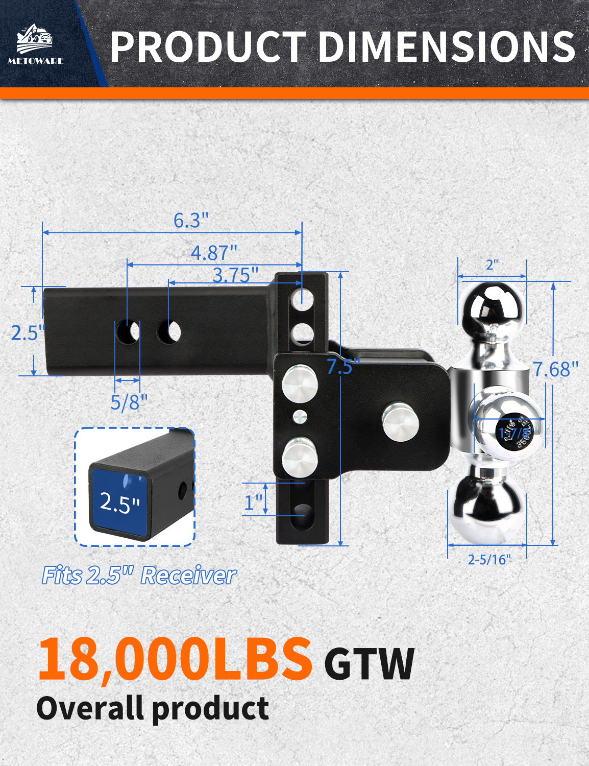 METOWARE 2.5" Adjustable Trailer Hitch Ball Mount, 4" Drop/Rise, 18K GTW - Image 2