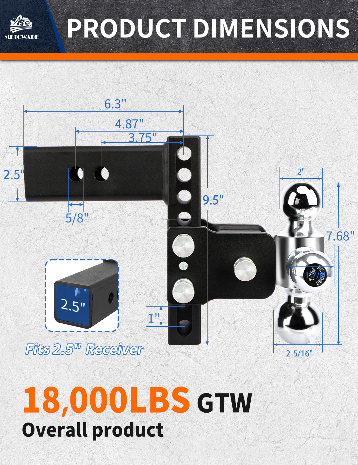 METOWARE 2.5" Adjustable Trailer Hitch Ball Mount, 6" Drop/Rise, 18K GTW - Image 2