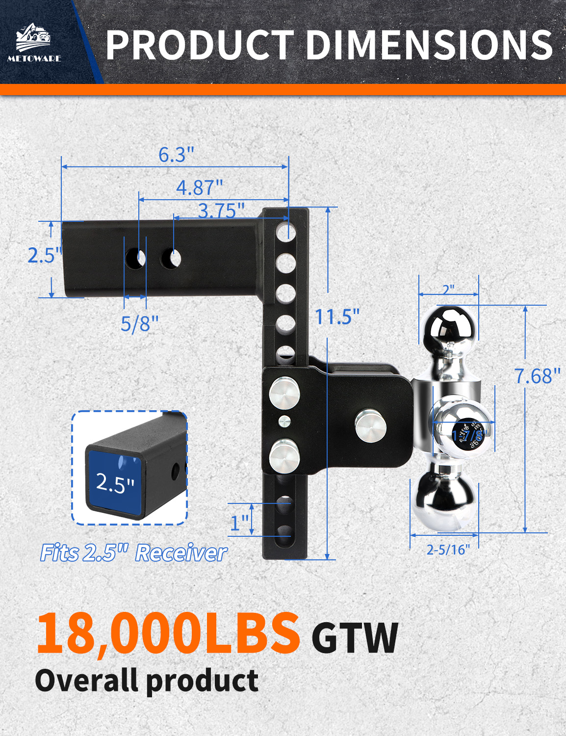 METOWARE 2.5" Adjustable Trailer Hitch Ball Mount, 8" Drop/Rise, 18K GTW - Image 2
