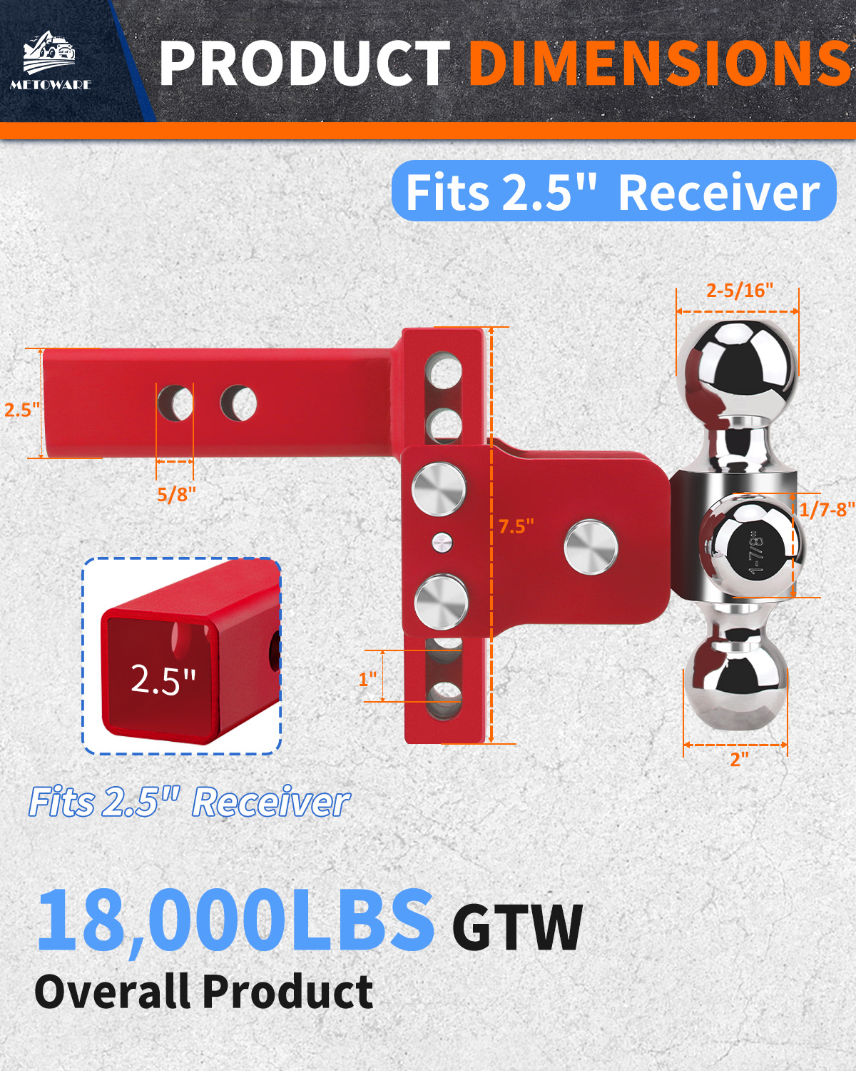 METOWARE 2.5" Adjustable Trailer Hitch Ball Mount, 4" Drop/Rise, 18K GTW Red - Image 2