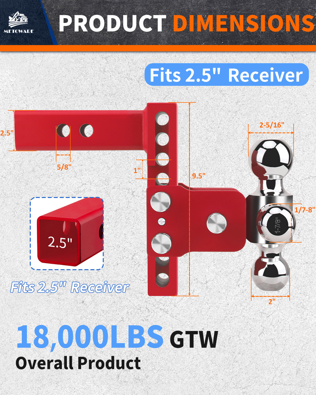 METOWARE 2.5" Adjustable Trailer Hitch Ball Mount, 6" Drop/Rise, 18K GTW Red - Image 2