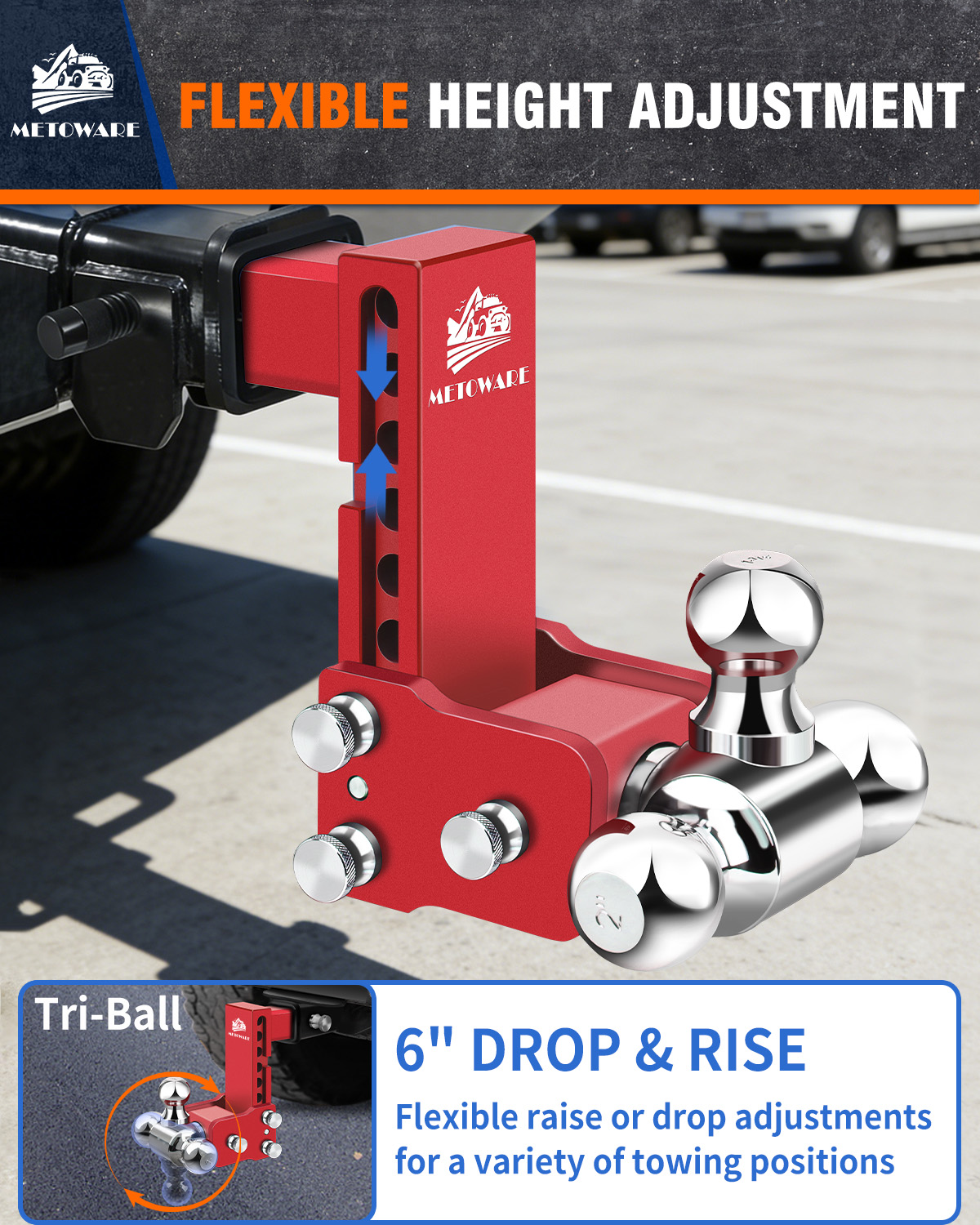 METOWARE Adjustable Trailer Hitch Fits 2" Receiver Tri-Ball, 6" Drop, 14K GTW, Red - Image 3
