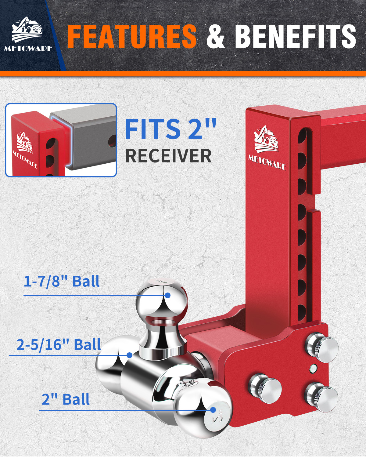 METOWARE Adjustable Trailer Hitch Fits 2" Receiver Tri-Ball, 8" Drop, 14K GTW, Red - Image 4