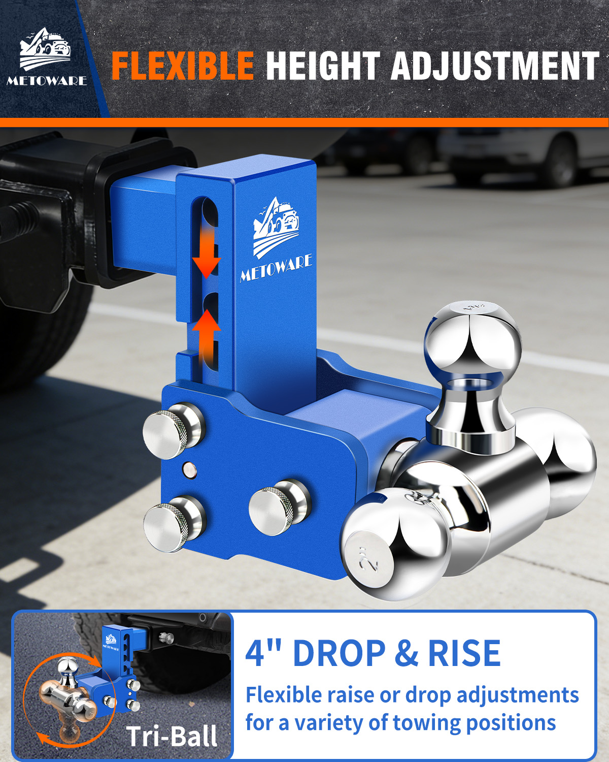 METOWARE Adjustable Trailer Hitch Fits 2" Receiver Tri-Ball, 4" Drop, 14K GTW, Blue - Image 3