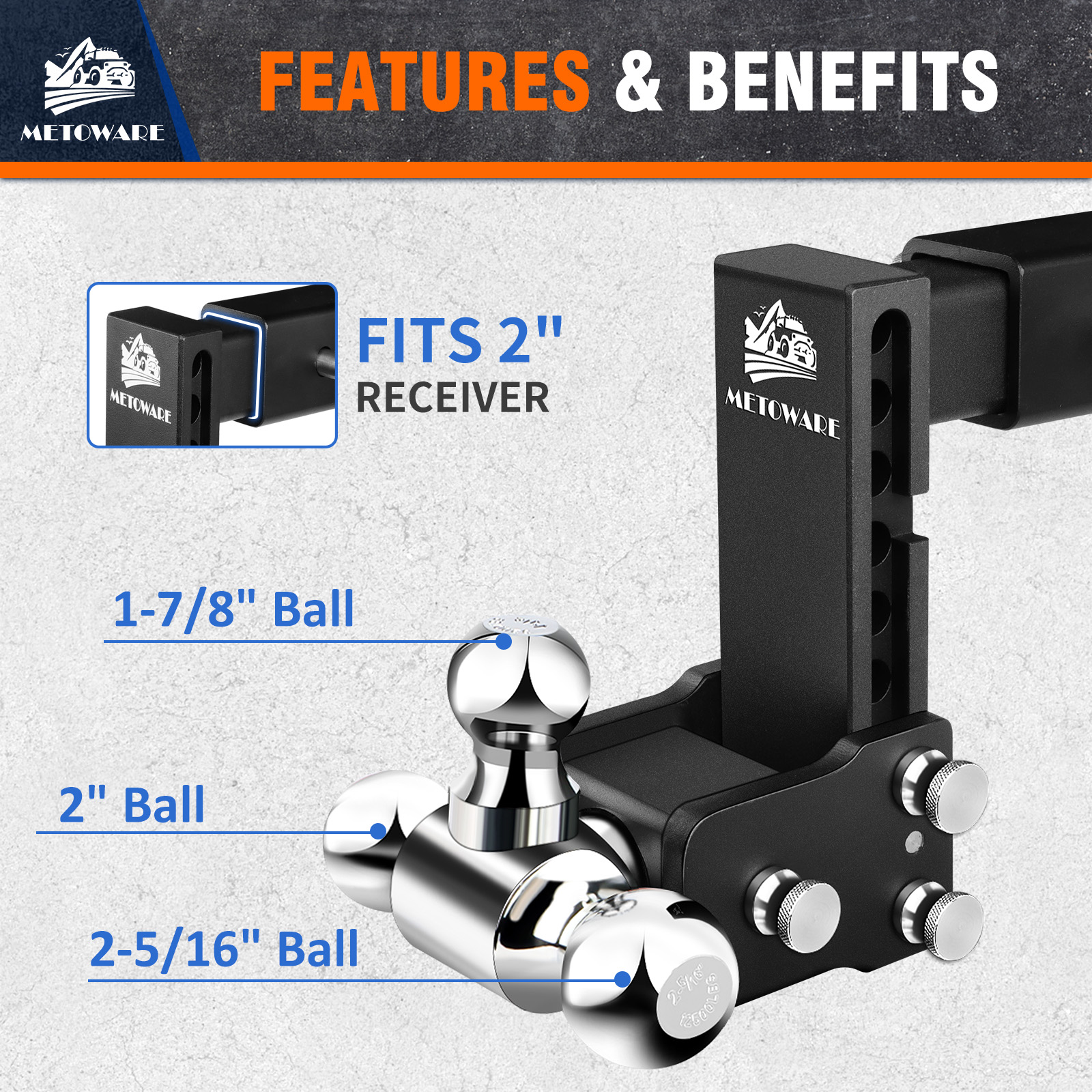 METOWARE Adjustable Trailer Hitch Fits 2" Receiver Tri-Ball, 6" Drop, 14K GTW - Image 6