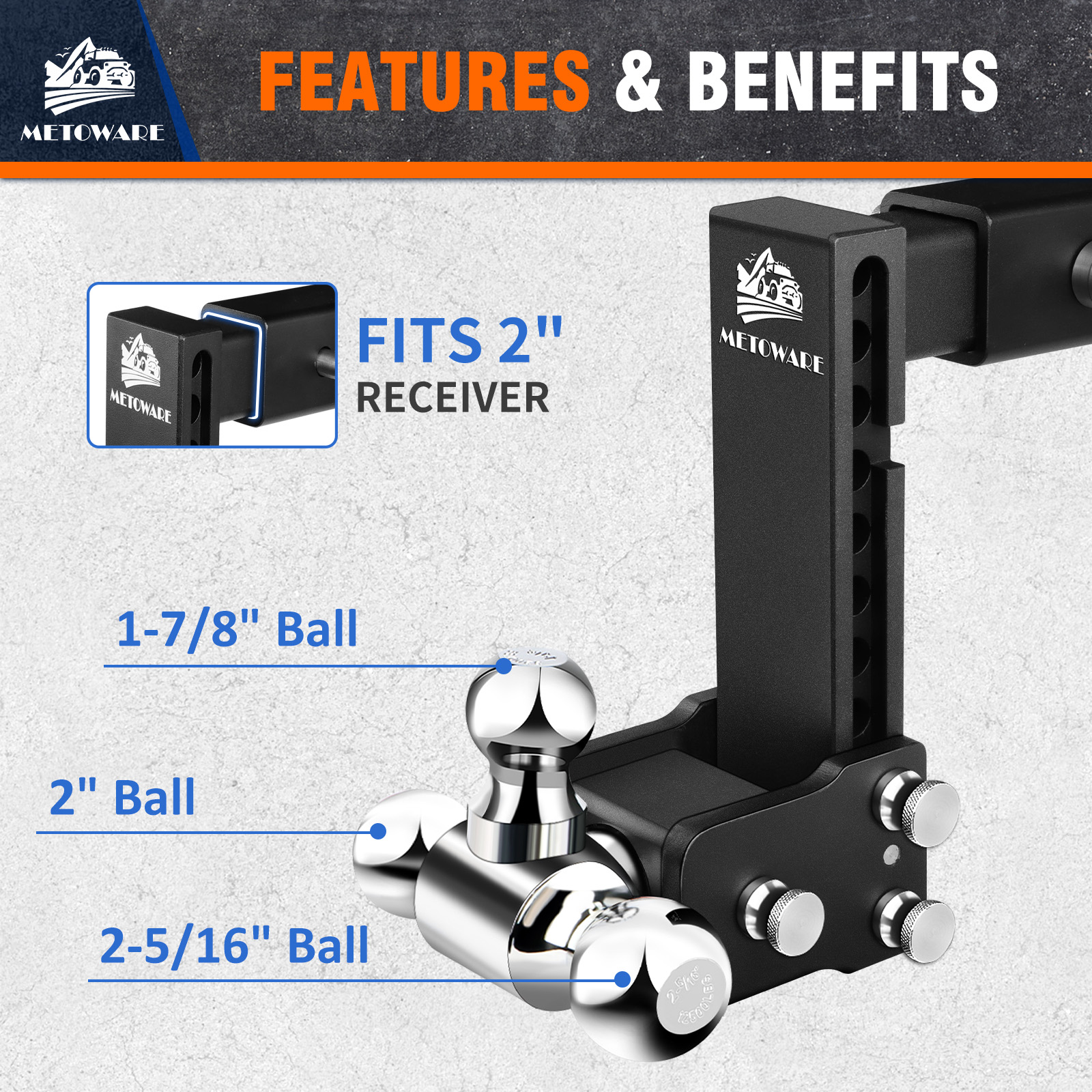 METOWARE Adjustable Trailer Hitch Fits 2" Receiver Tri-Ball, 8" Drop, 14K GTW - Image 5