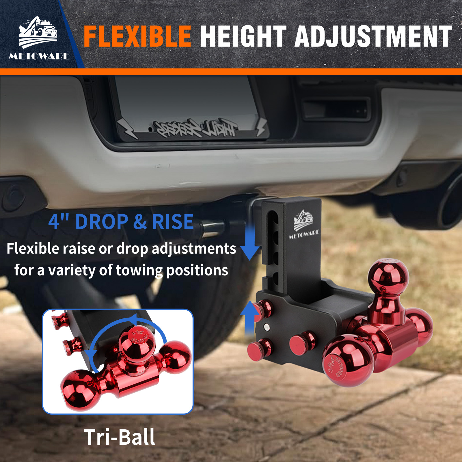 METOWARE Adjustable Trailer Hitch Fits 2" Receiver Tri-Ball (Red). 4" Drop, 14K GTW - Image 5