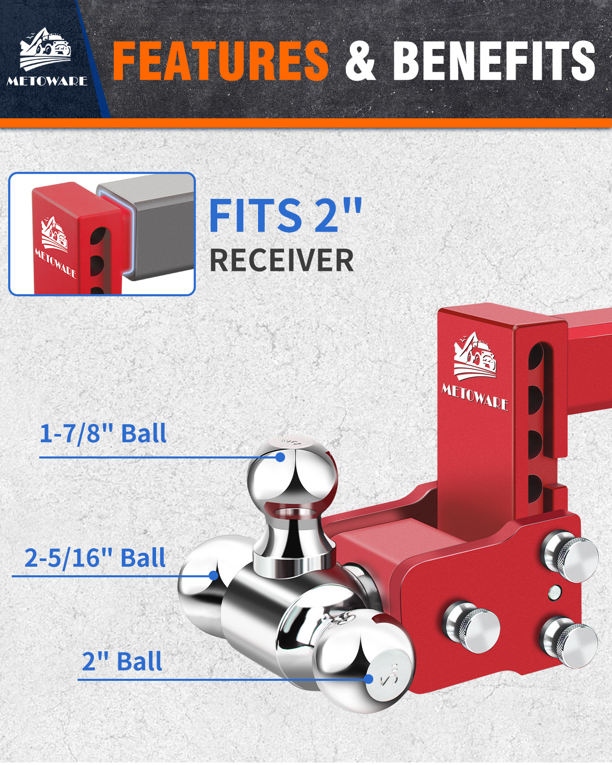 METOWARE Adjustable Trailer Hitch Fits 2" Receiver Tri-Ball, 4" Drop, 14K GTW, Red - Image 5