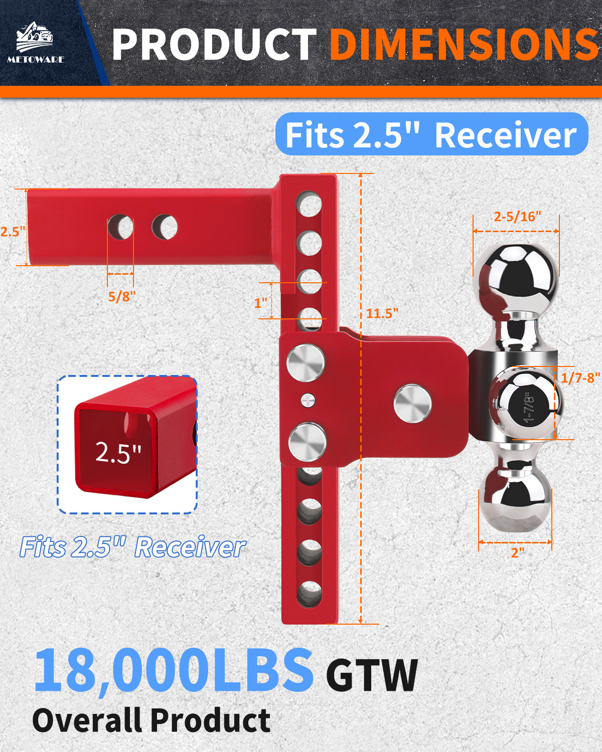METOWARE 2.5" Adjustable Trailer Hitch Ball Mount, 8" Drop/Rise, 18K GTW Red - Image 2