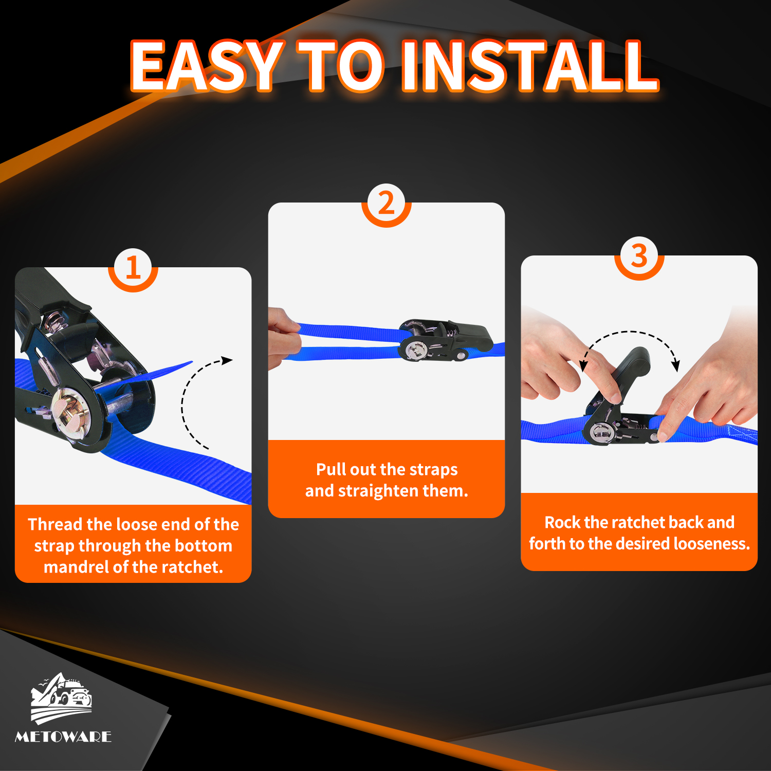 METOWARE Heavy Duty Ratchet Tie Down Straps (4-Pack) - 1 in x 15 Ft, Blue - Image 6