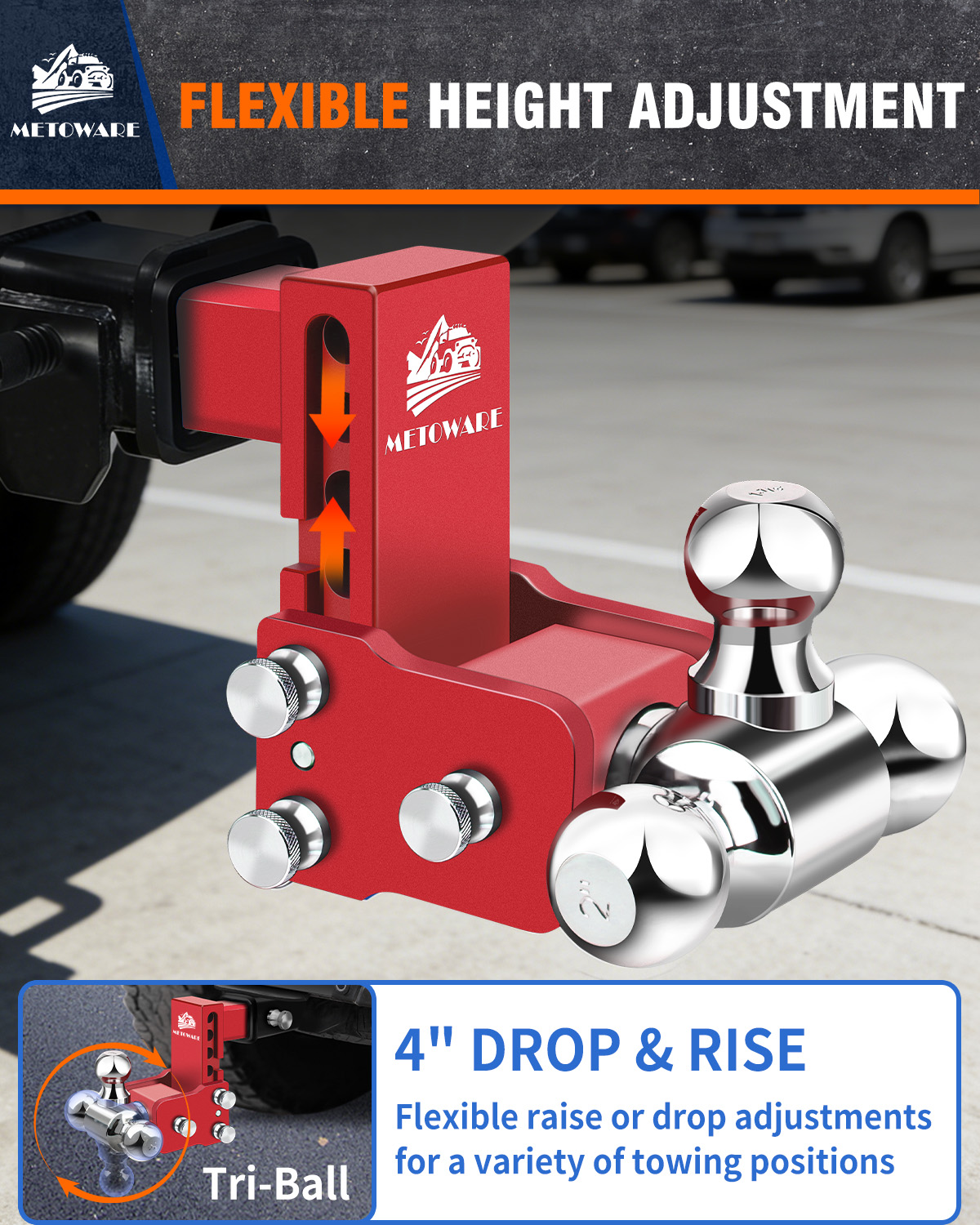 METOWARE Adjustable Trailer Hitch Fits 2" Receiver Tri-Ball, 4" Drop, 14K GTW, Red - Image 6