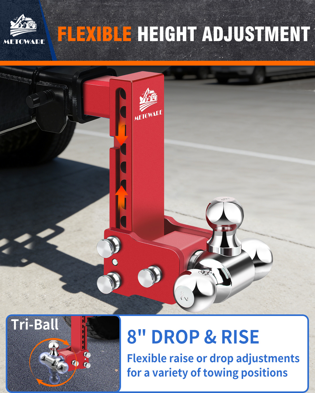 METOWARE Adjustable Trailer Hitch Fits 2" Receiver Tri-Ball, 8" Drop, 14K GTW, Red - Image 6