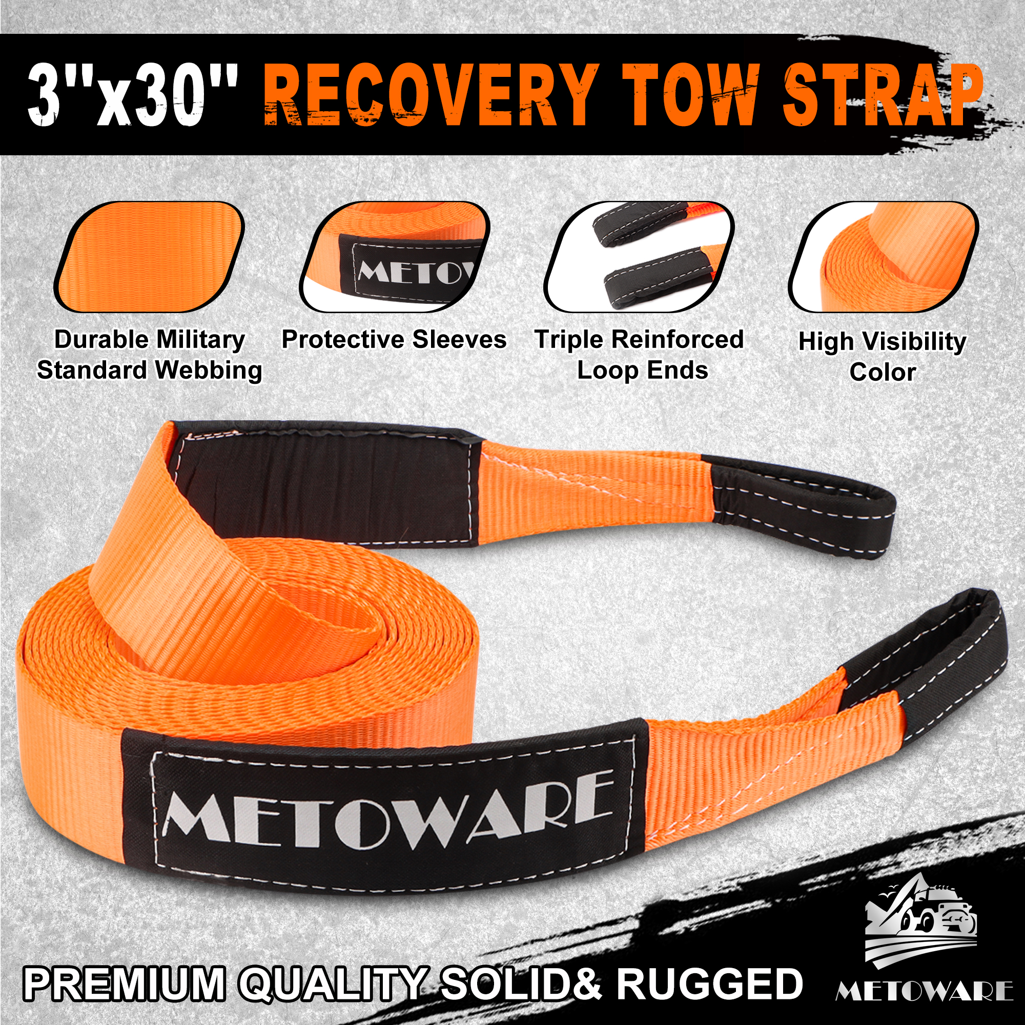 METOWARE Heavy Duty Tow Strap Recovery Kit with D Ring Shackle, 3" x 30ft, 35,000lbs, Orange - Image 7