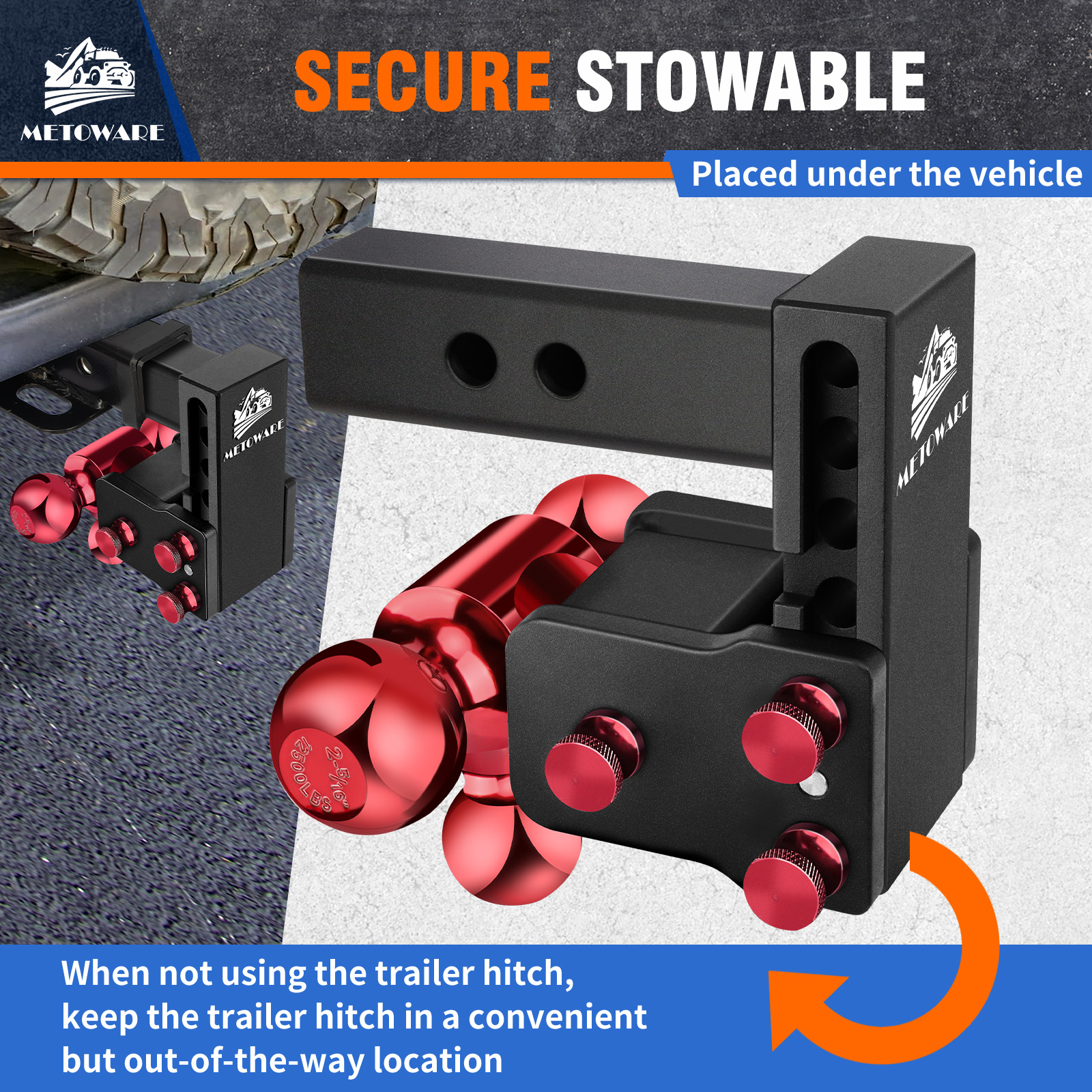 METOWARE Adjustable Trailer Hitch Fits 2" Receiver Tri-Ball (Red). 4" Drop, 14K GTW - Image 4