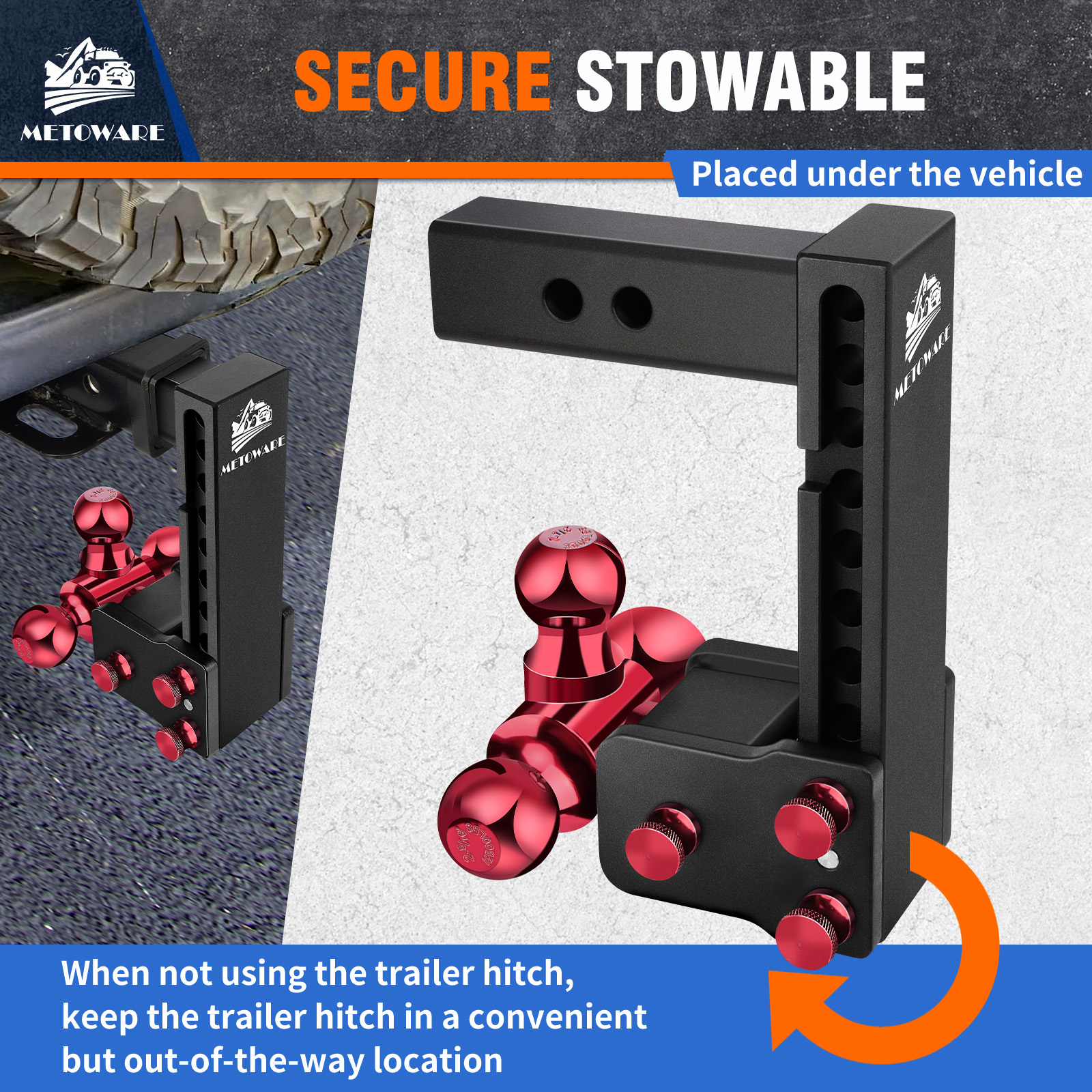 METOWARE Adjustable Trailer Hitch Fits 2" Receiver Tri-Ball (Red), 8" Drop, 14K GTW - Image 5