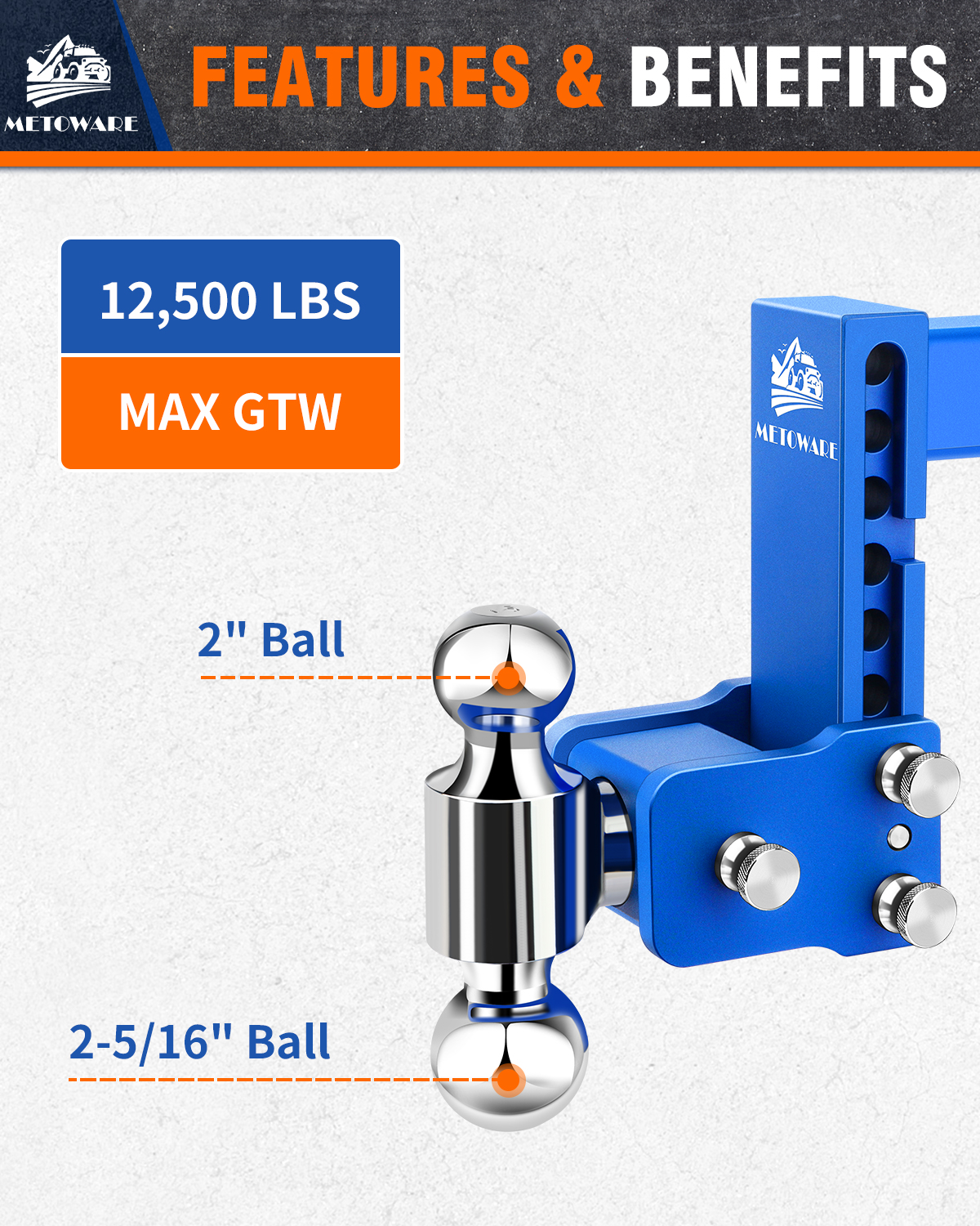 METOWARE 2" Adjustable Trailer Hitch Ball Mount, 6" Drop, 14K GTW, Blue - Image 2