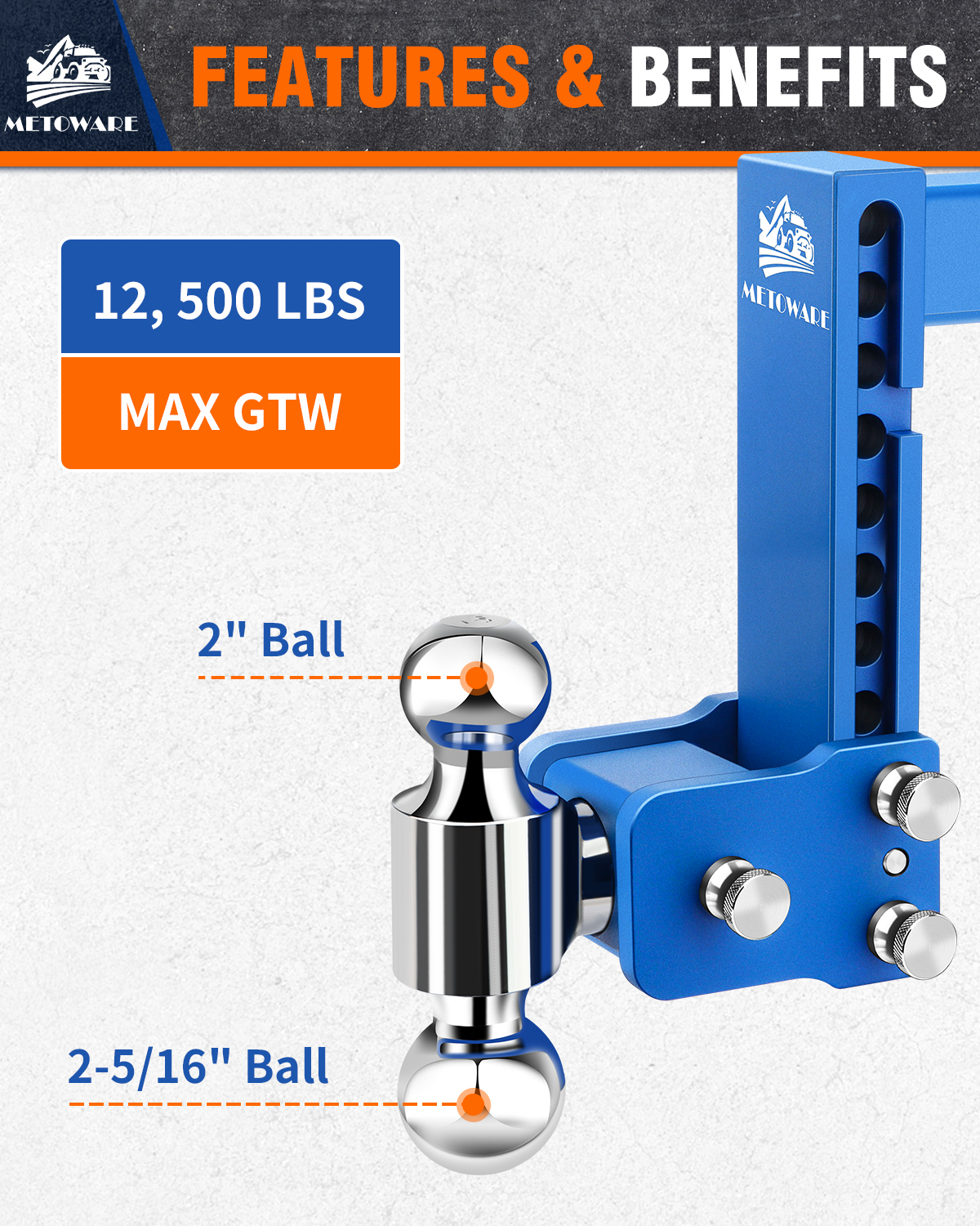 METOWARE 2" Adjustable Trailer Hitch Ball Mount, 8" Drop, 14K GTW, Blue - Image 2