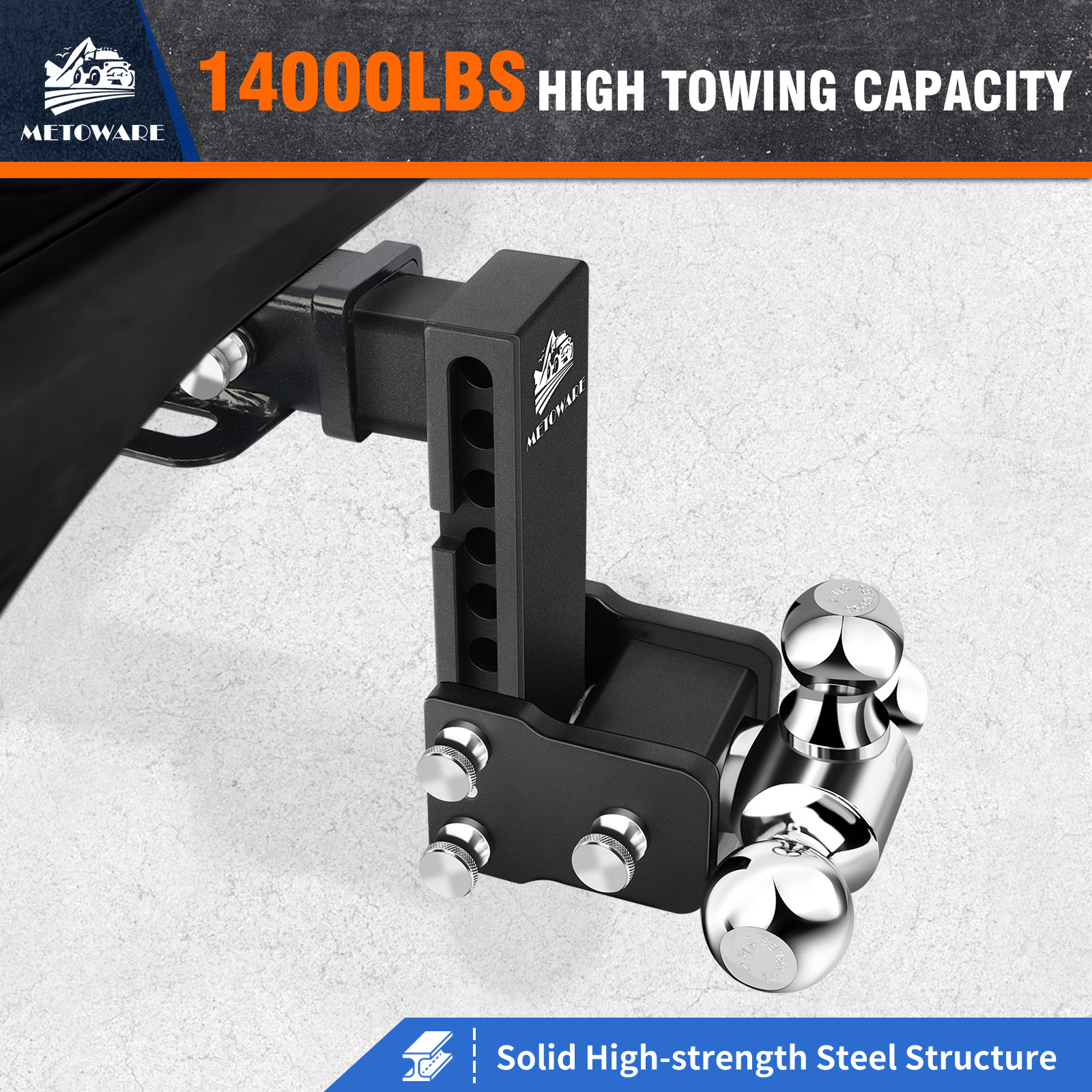 METOWARE Adjustable Trailer Hitch Fits 2" Receiver Tri-Ball, 6" Drop, 14K GTW - Image 2