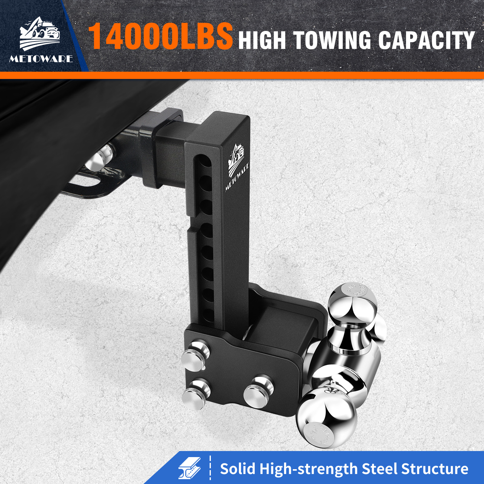 METOWARE Adjustable Trailer Hitch Fits 2" Receiver Tri-Ball, 8" Drop, 14K GTW - Image 2