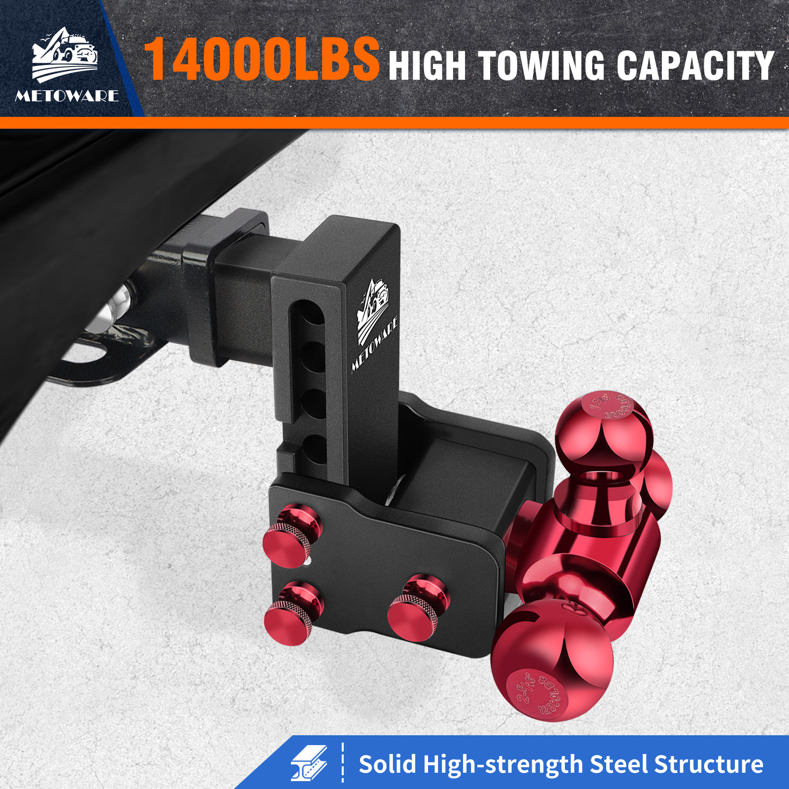 METOWARE Adjustable Trailer Hitch Fits 2" Receiver Tri-Ball (Red). 4" Drop, 14K GTW - Image 2