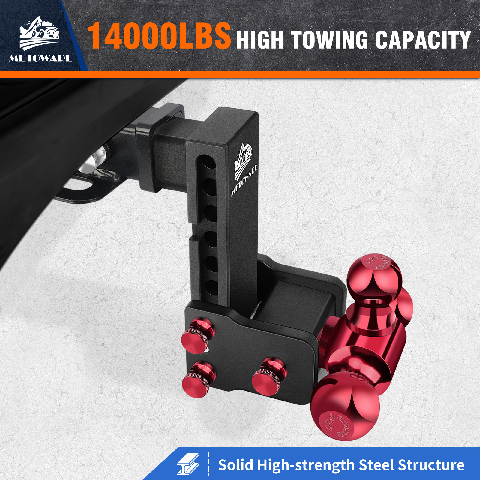 METOWARE Adjustable Trailer Hitch Fits 2" Receiver Tri-Ball (Red), 6" Drop, 14K GTW - Image 2