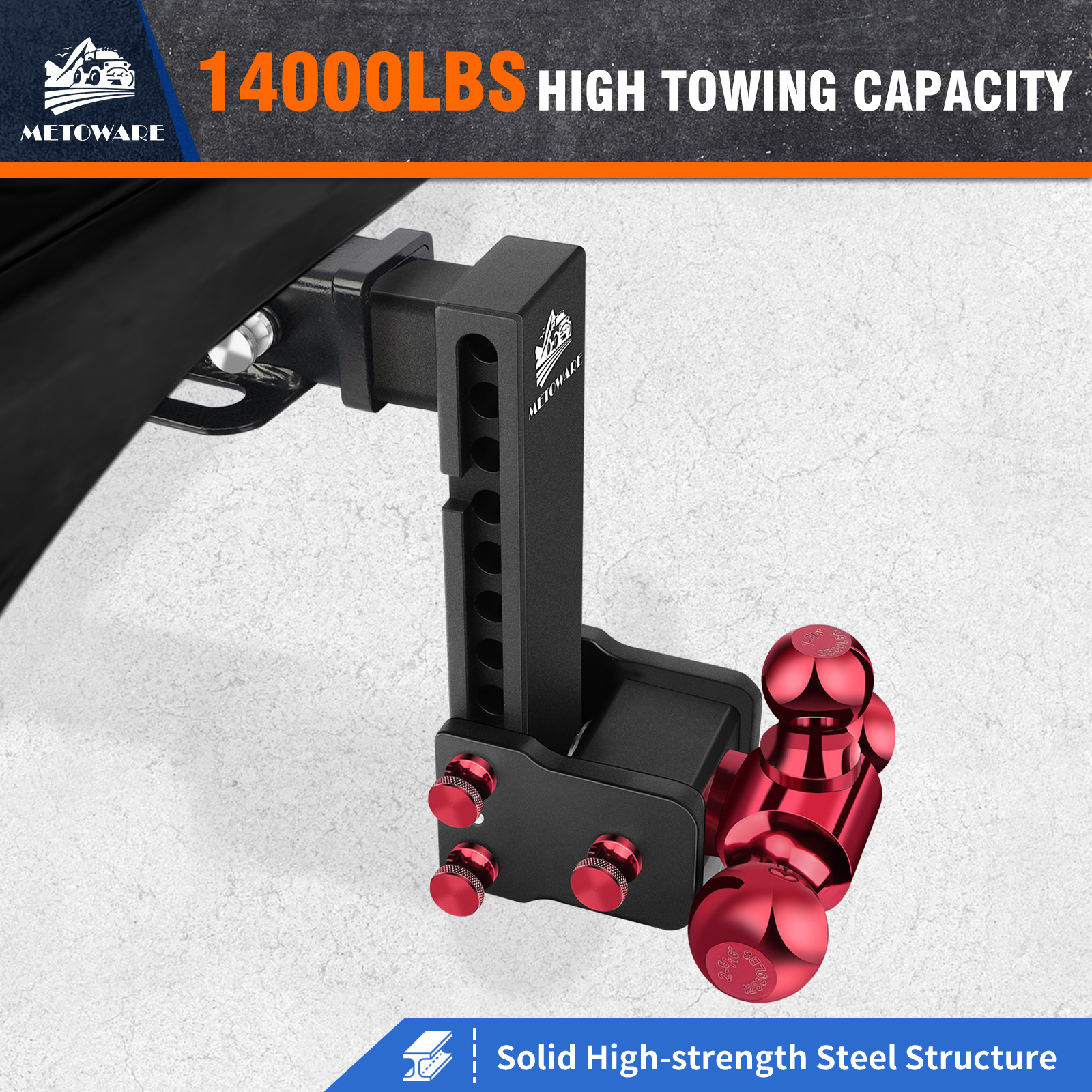 METOWARE Adjustable Trailer Hitch Fits 2" Receiver Tri-Ball (Red), 8" Drop, 14K GTW - Image 2