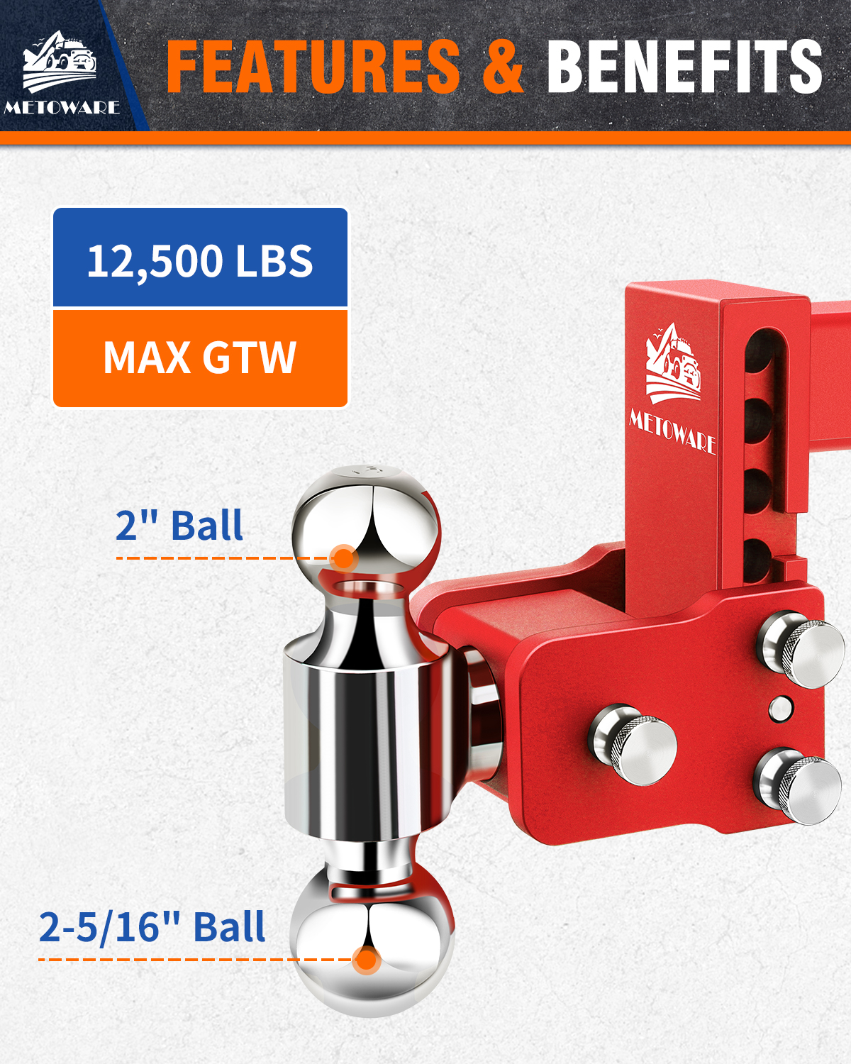 METOWARE 2" Adjustable Trailer Hitch Ball Mount, 4" Drop/Rise, 14K GTW, Red - Image 2