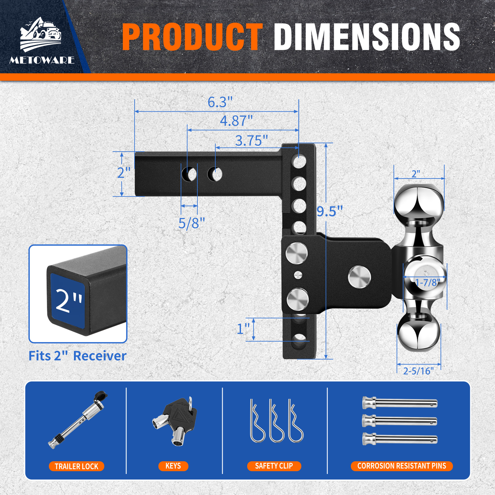 METOWARE Adjustable Trailer Hitch Fits 2" Receiver Tri-Ball, 6" Drop, 14K GTW - Image 5