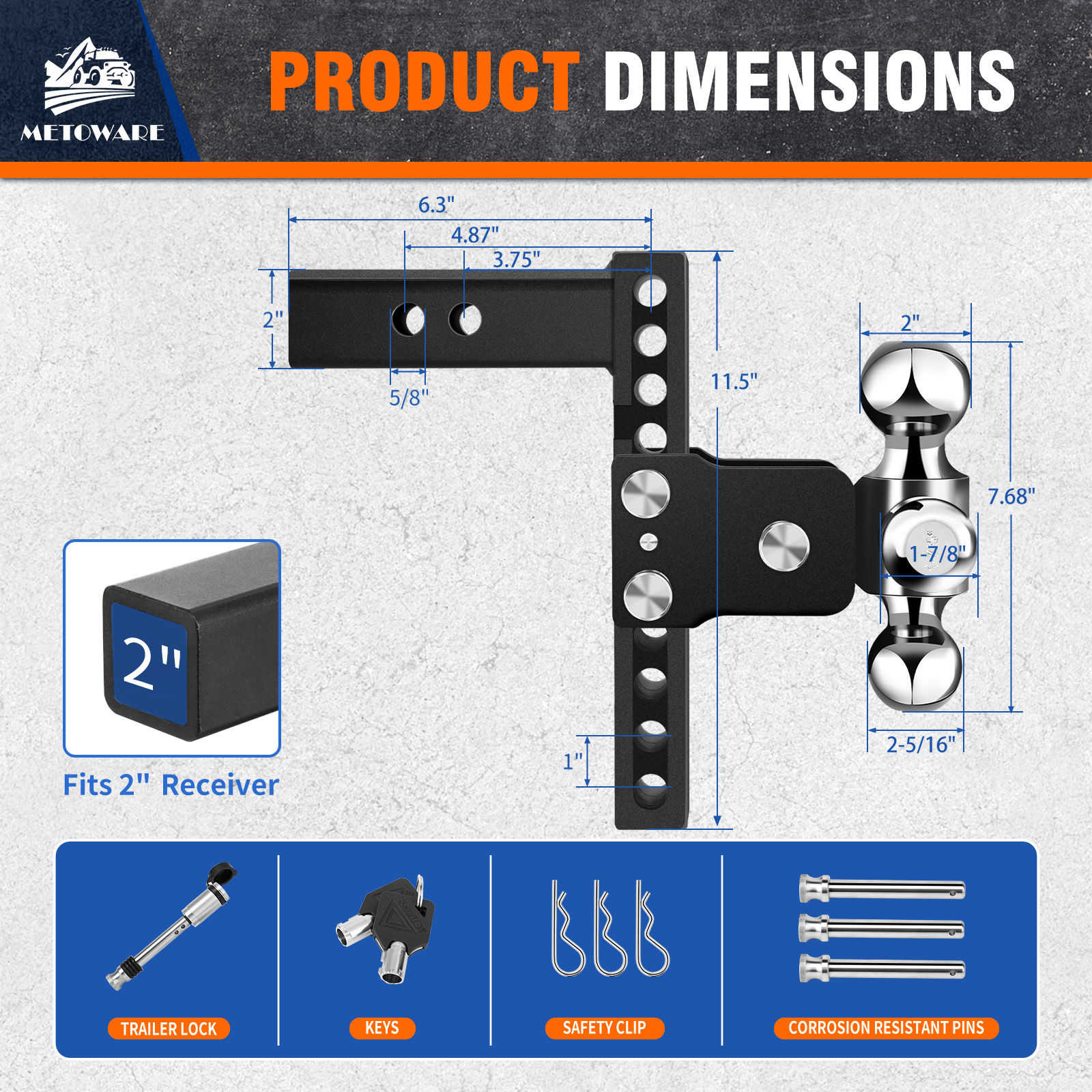 METOWARE Adjustable Trailer Hitch Fits 2" Receiver Tri-Ball, 8" Drop, 14K GTW - Image 6