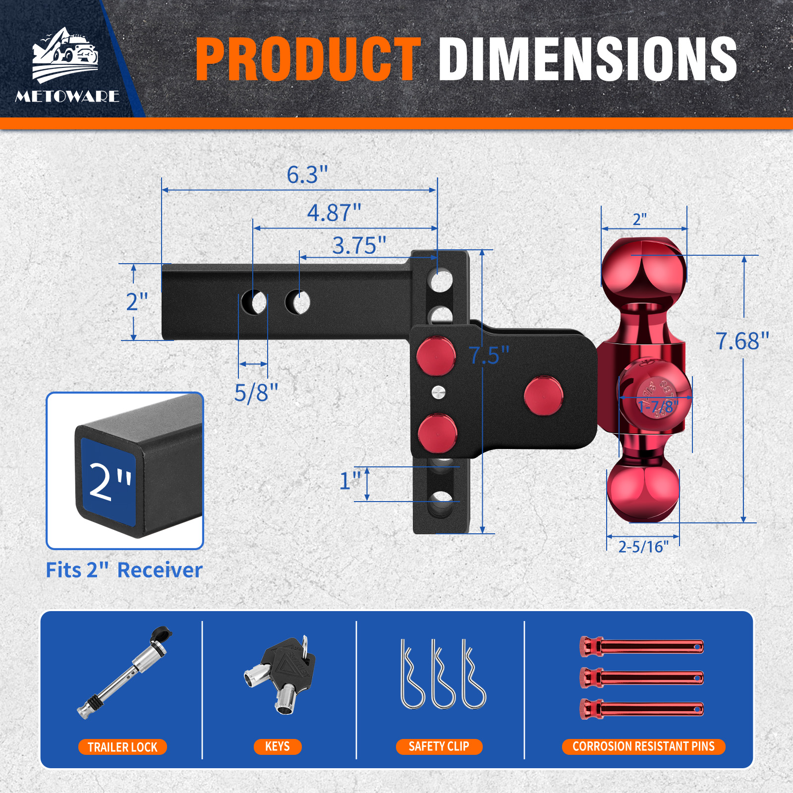 METOWARE Adjustable Trailer Hitch Fits 2" Receiver Tri-Ball (Red). 4" Drop, 14K GTW - Image 7