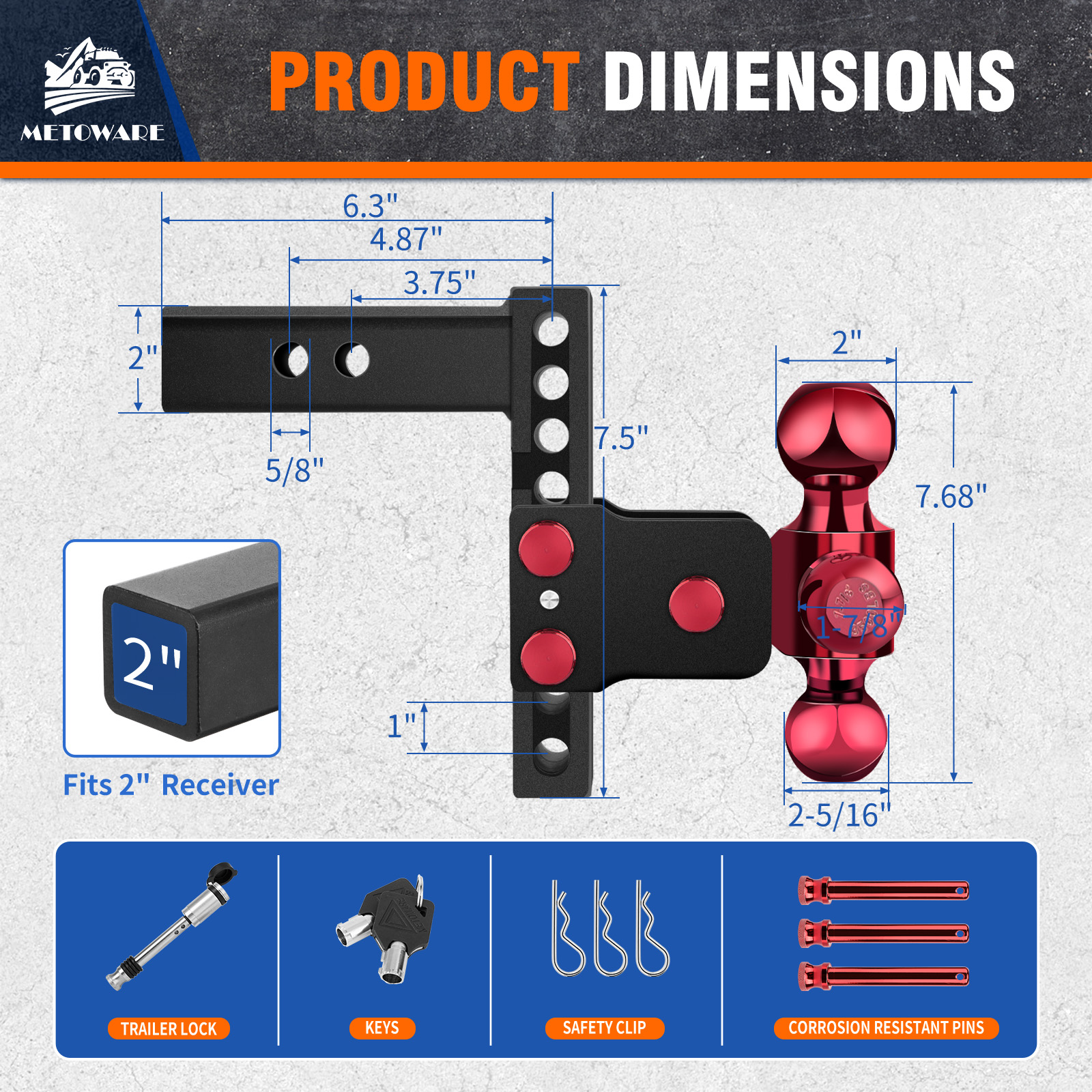 METOWARE Adjustable Trailer Hitch Fits 2" Receiver Tri-Ball (Red), 6" Drop, 14K GTW - Image 6