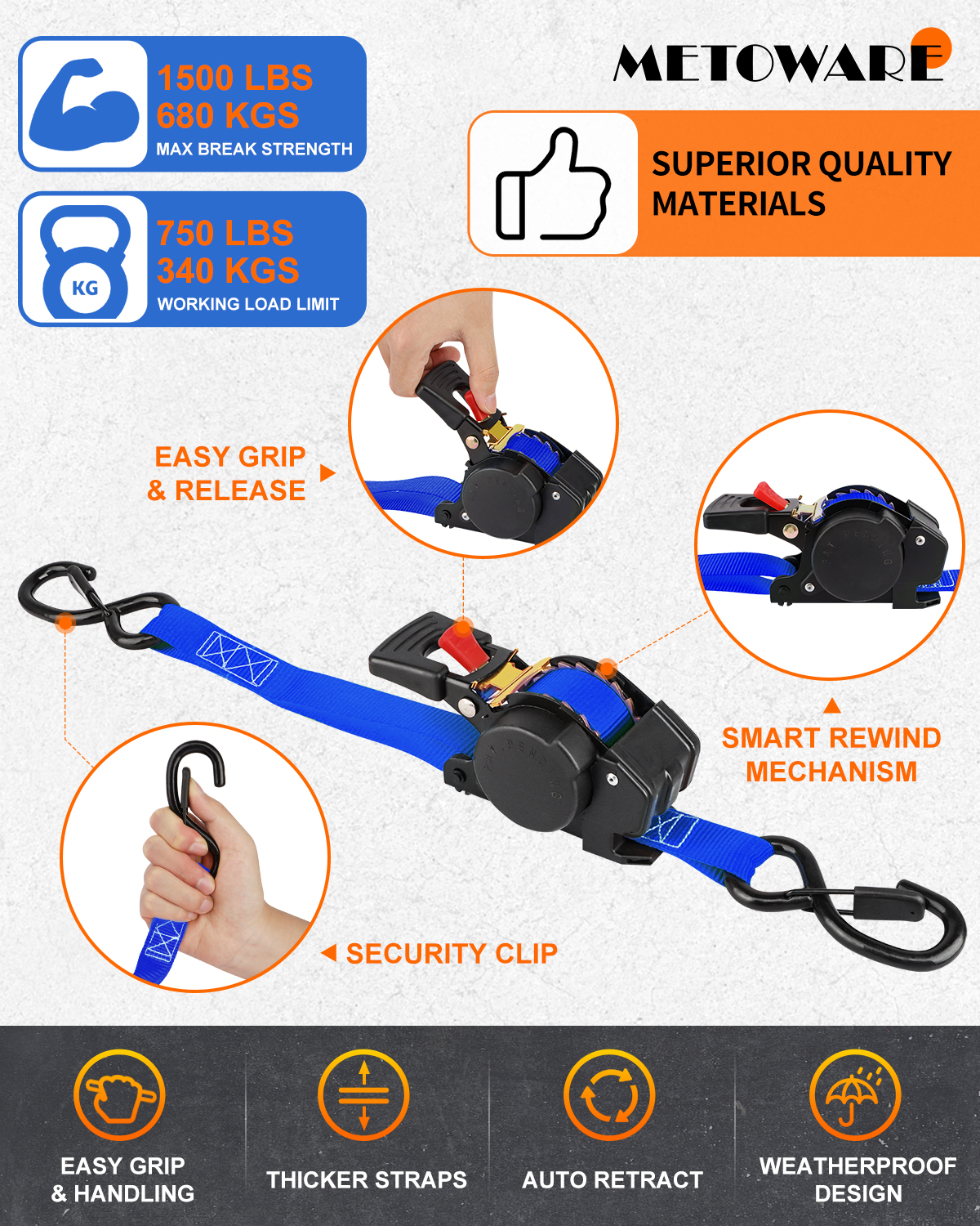 METOWARE Retractable Ratchet Straps (4-Pack) - 1 in x 10 Ft, Blue - Image 3