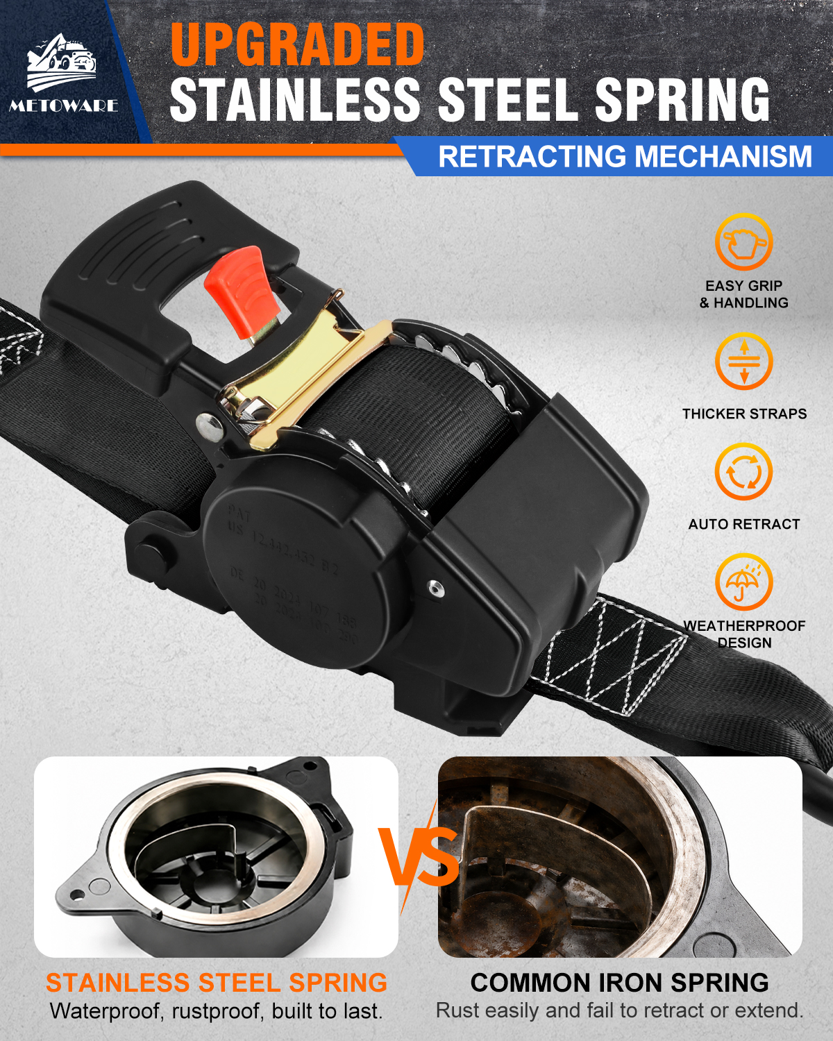 METOWARE Retractable Ratchet Straps (2-Pack) - 2 in x 10 Ft, Black - Image 3