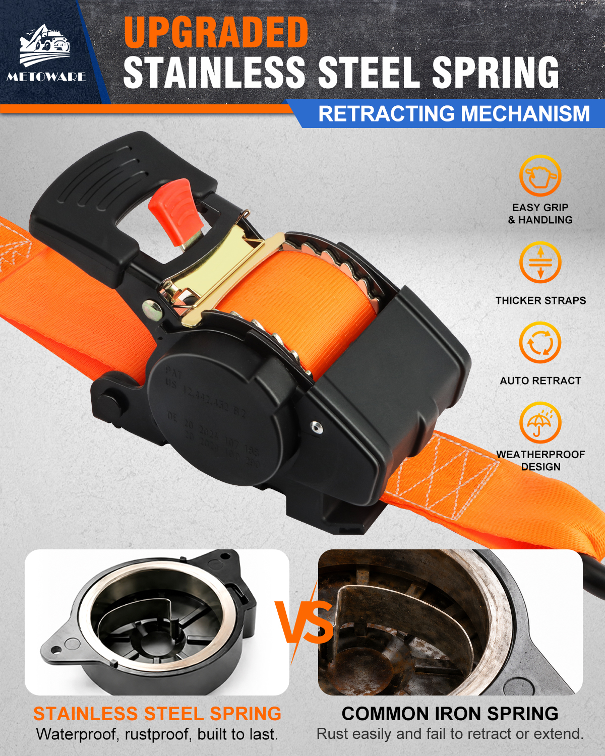 METOWARE Retractable Ratchet Straps (2-Pack) - 2 in x 10 Ft, Orange - Image 2