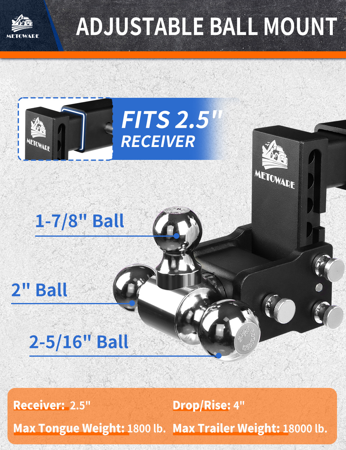 METOWARE 2.5" Adjustable Trailer Hitch Ball Mount, 4" Drop/Rise, 18K GTW - Image 3