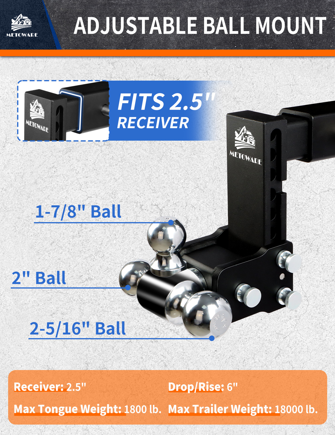 METOWARE 2.5" Adjustable Trailer Hitch Ball Mount, 6" Drop/Rise, 18K GTW - Image 3
