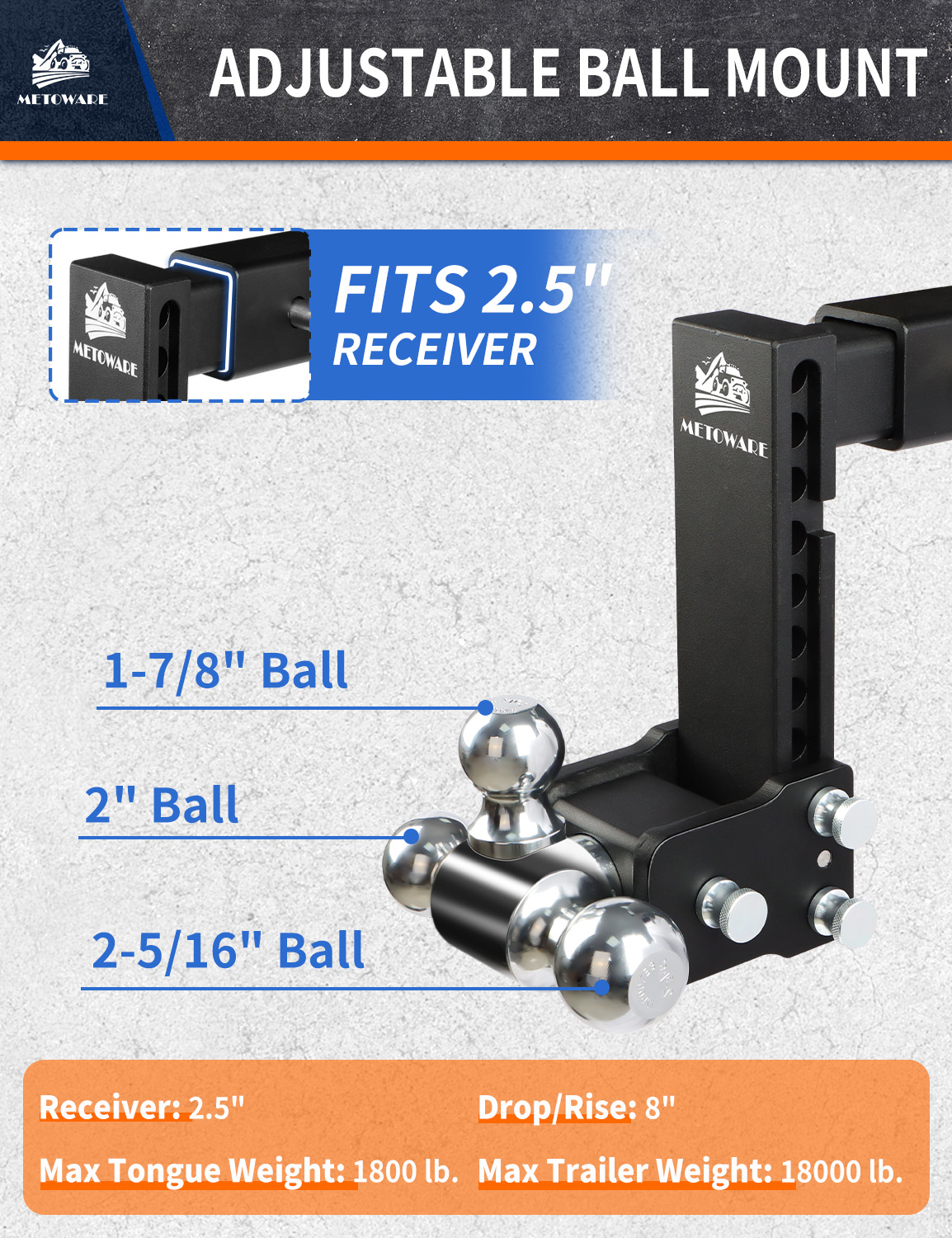 METOWARE 2.5" Adjustable Trailer Hitch Ball Mount, 8" Drop/Rise, 18K GTW - Image 3