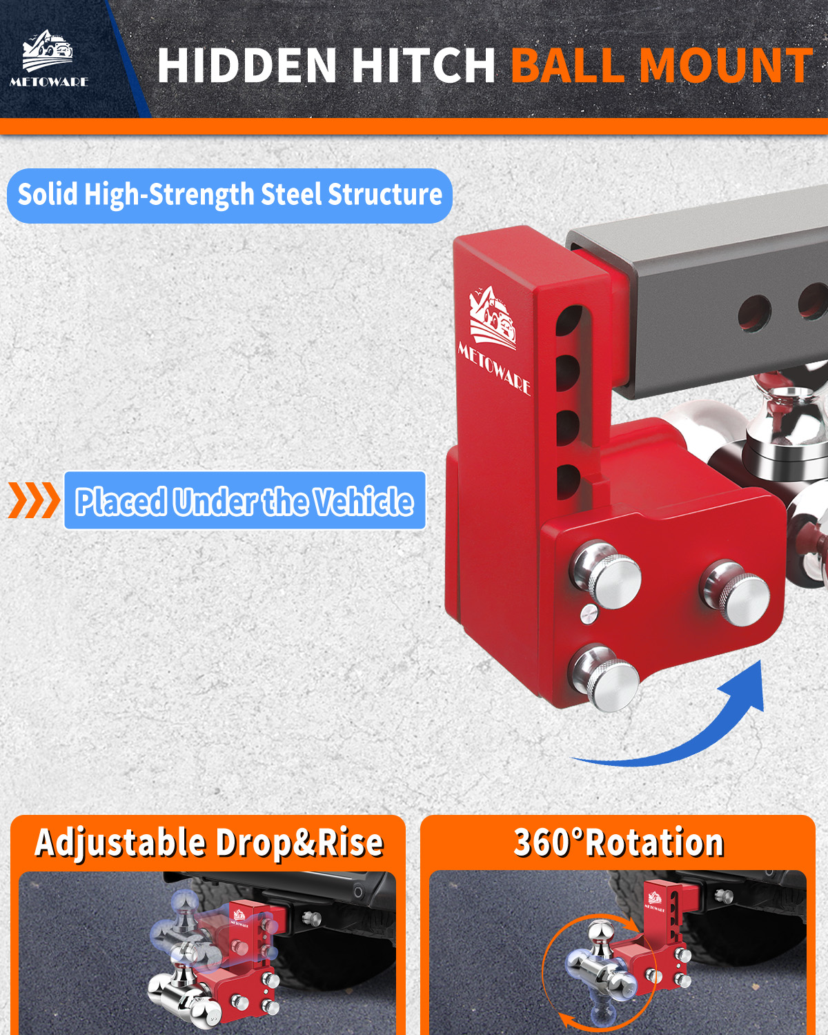 METOWARE 2.5" Adjustable Trailer Hitch Ball Mount, 4" Drop/Rise, 18K GTW Red - Image 3