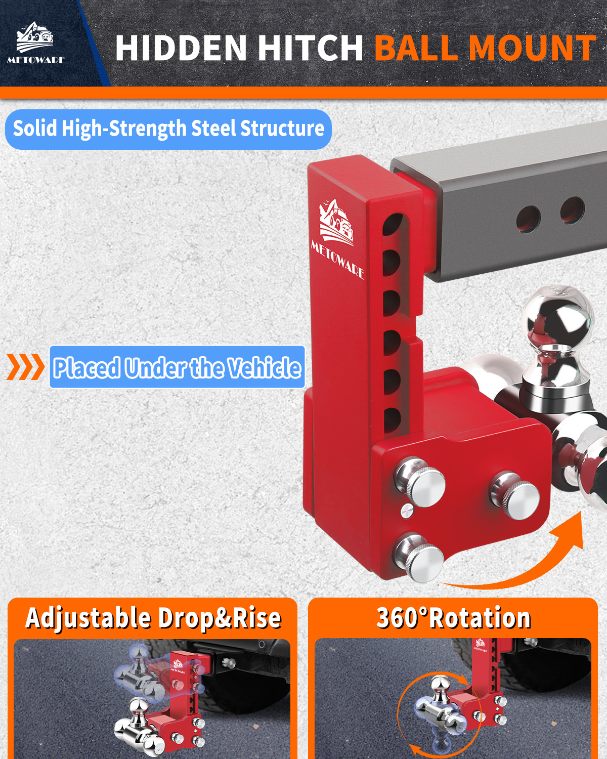 METOWARE 2.5" Adjustable Trailer Hitch Ball Mount, 6" Drop/Rise, 18K GTW Red - Image 3