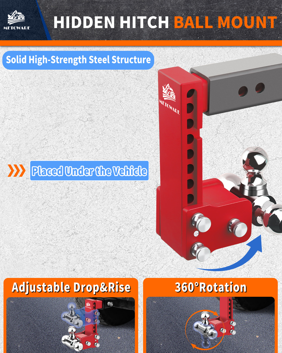 METOWARE 2.5" Adjustable Trailer Hitch Ball Mount, 8" Drop/Rise, 18K GTW Red - Image 3