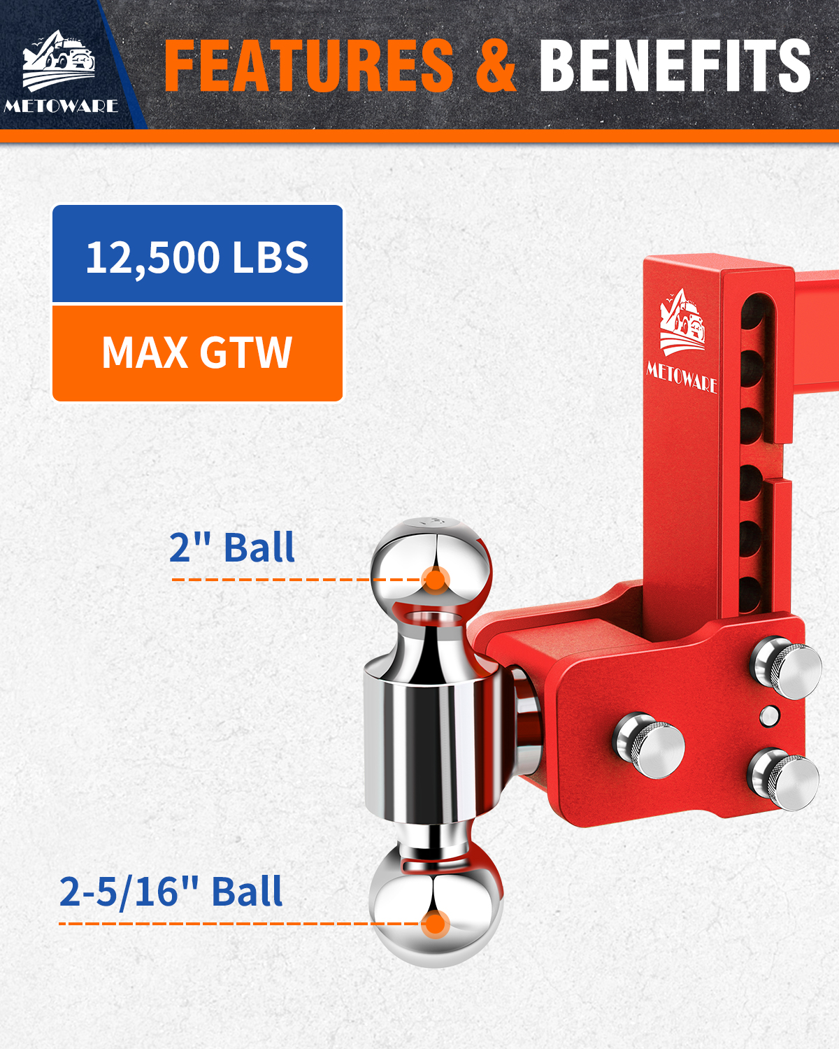 METOWARE 2" Adjustable Trailer Hitch Ball Mount, 6" Drop/Rise, 14K GTW, Red - Image 2