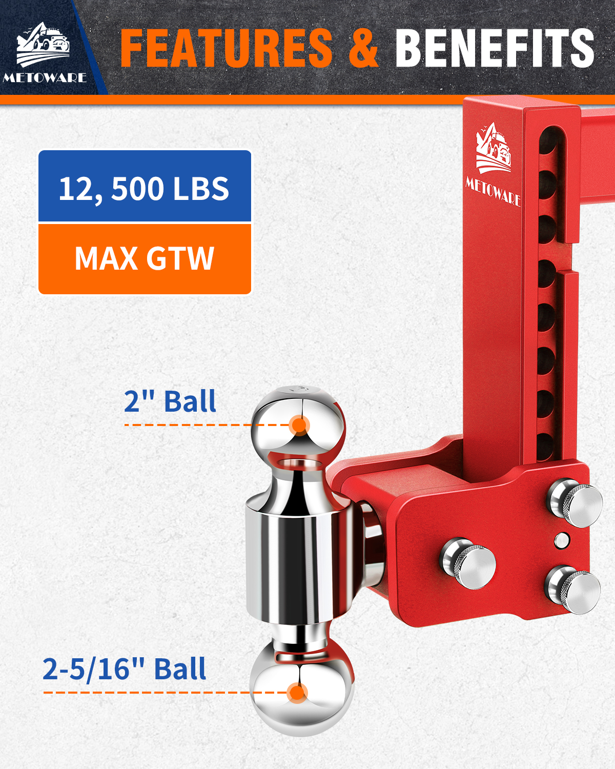 METOWARE 2" Adjustable Trailer Hitch Ball Mount, 8" Drop/Rise, 14K GTW, Red - Image 2